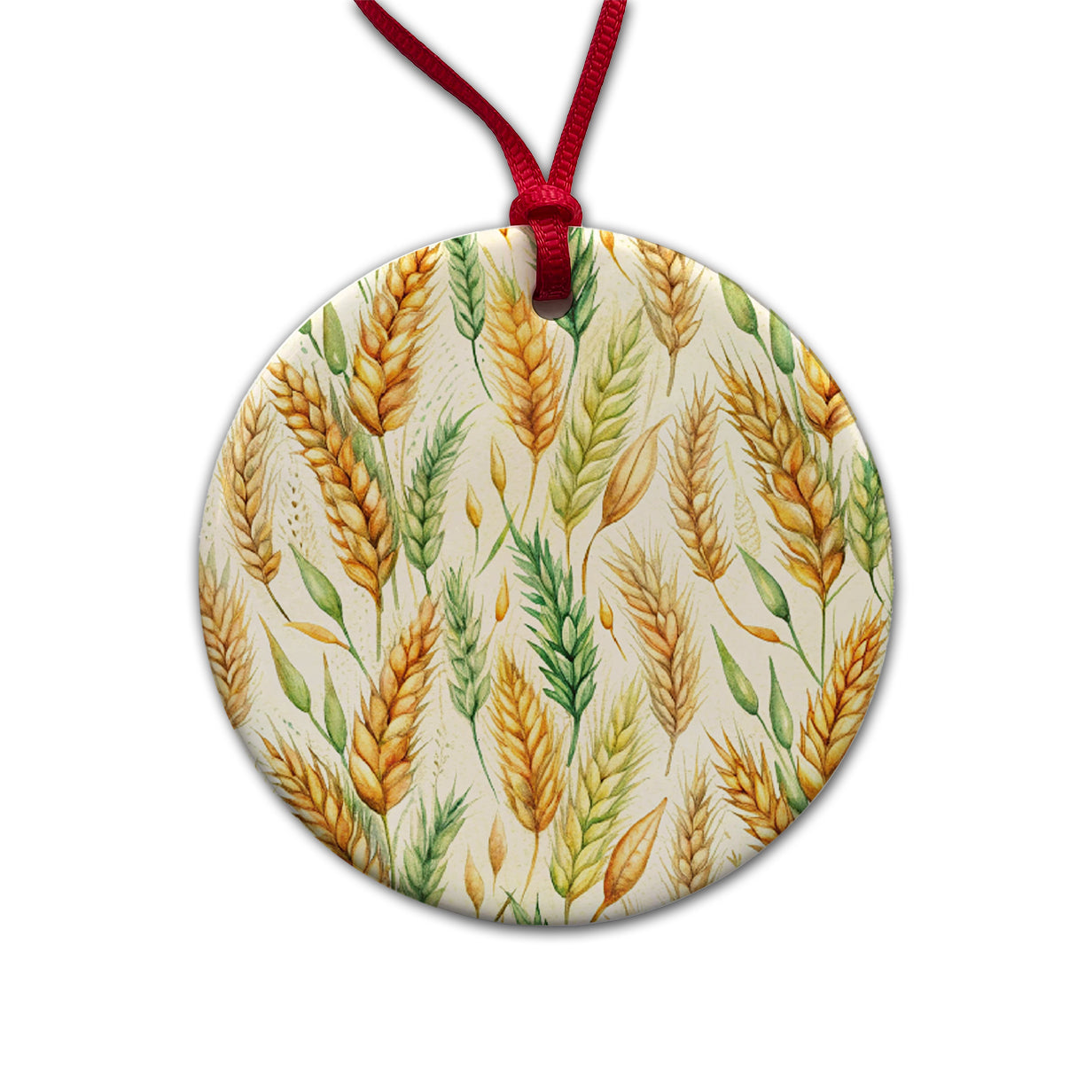 Wheat Watercolor Round Ceramic Holiday Christmas Tree Ornament