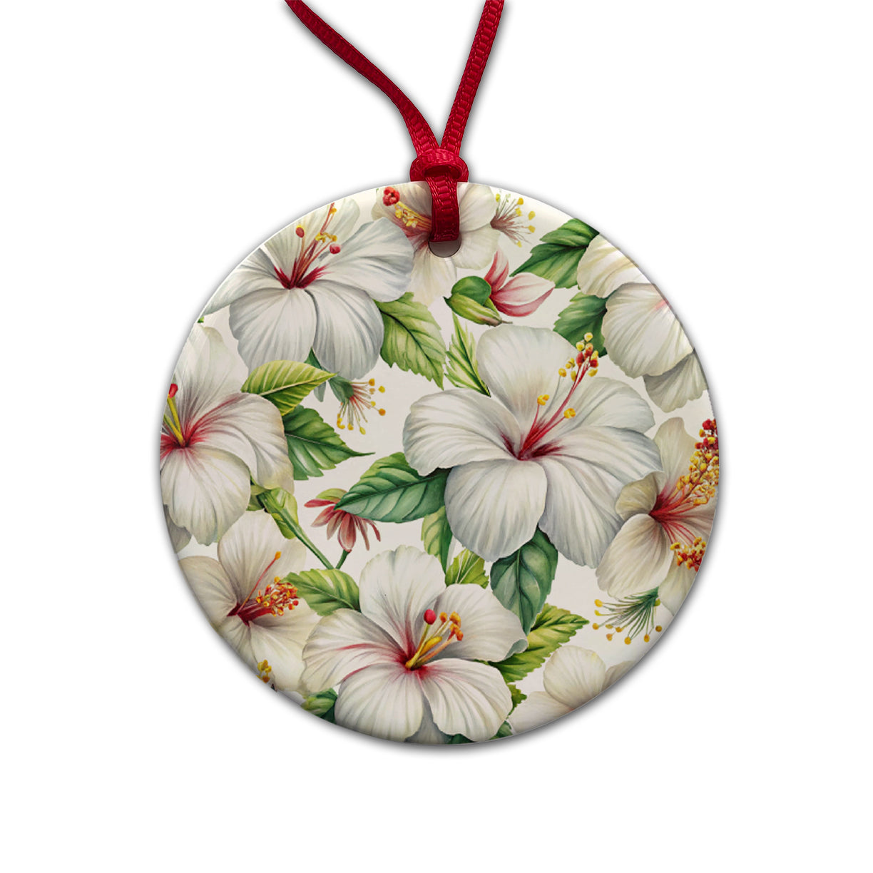 White Hibiscus Flowers Watercolor Round Ceramic Holiday Christmas Tree Ornament