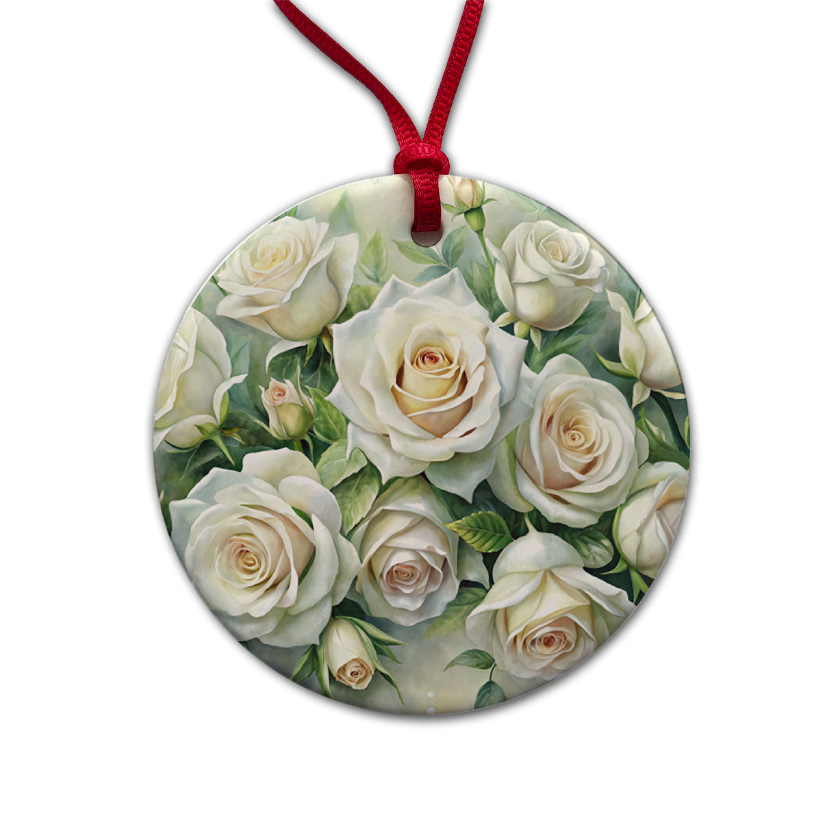 White Roses Flowers Watercolor Round Ceramic Holiday Christmas Tree Ornament