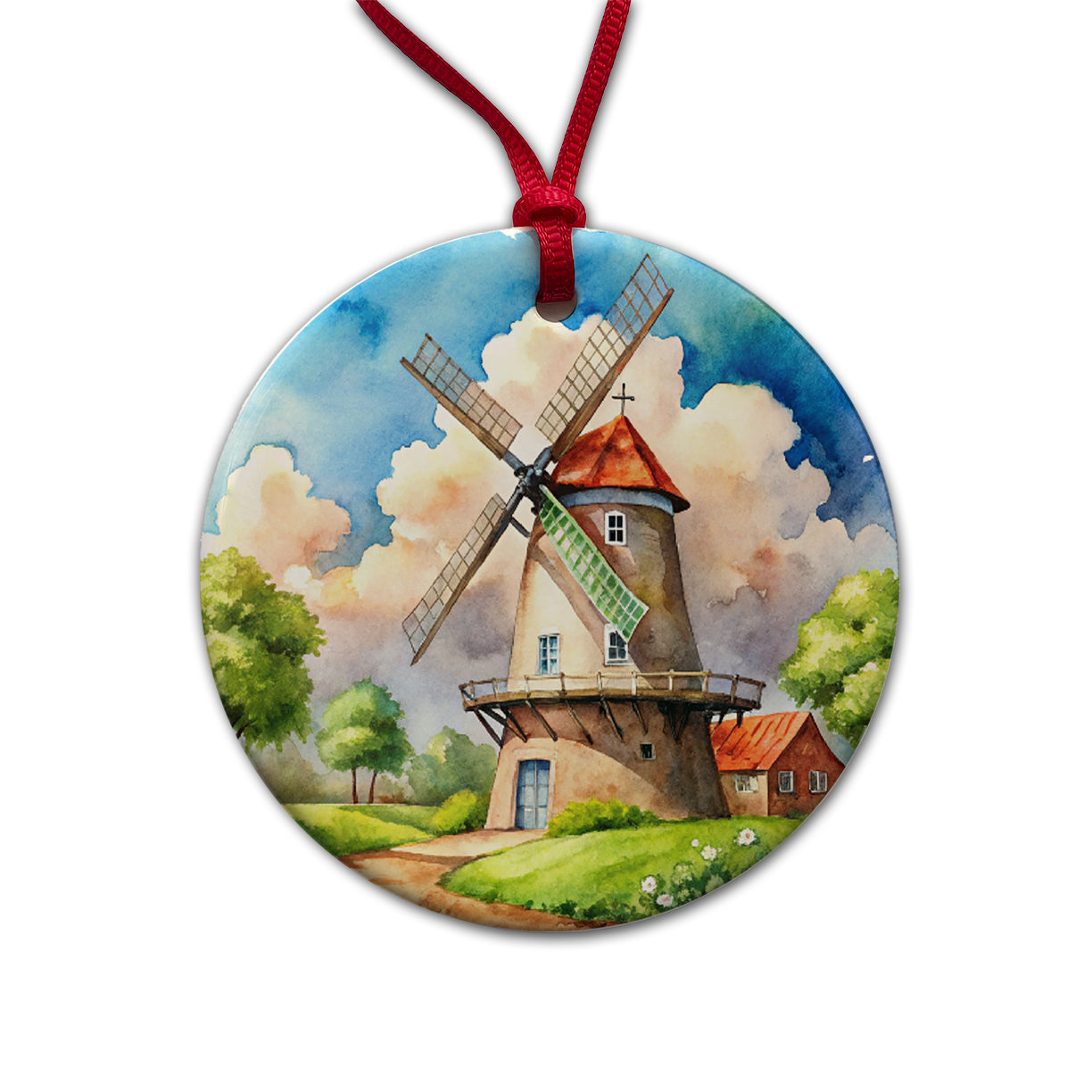 Windmill Beautiful Watercolor Round Ceramic Holiday Christmas Tree Ornament