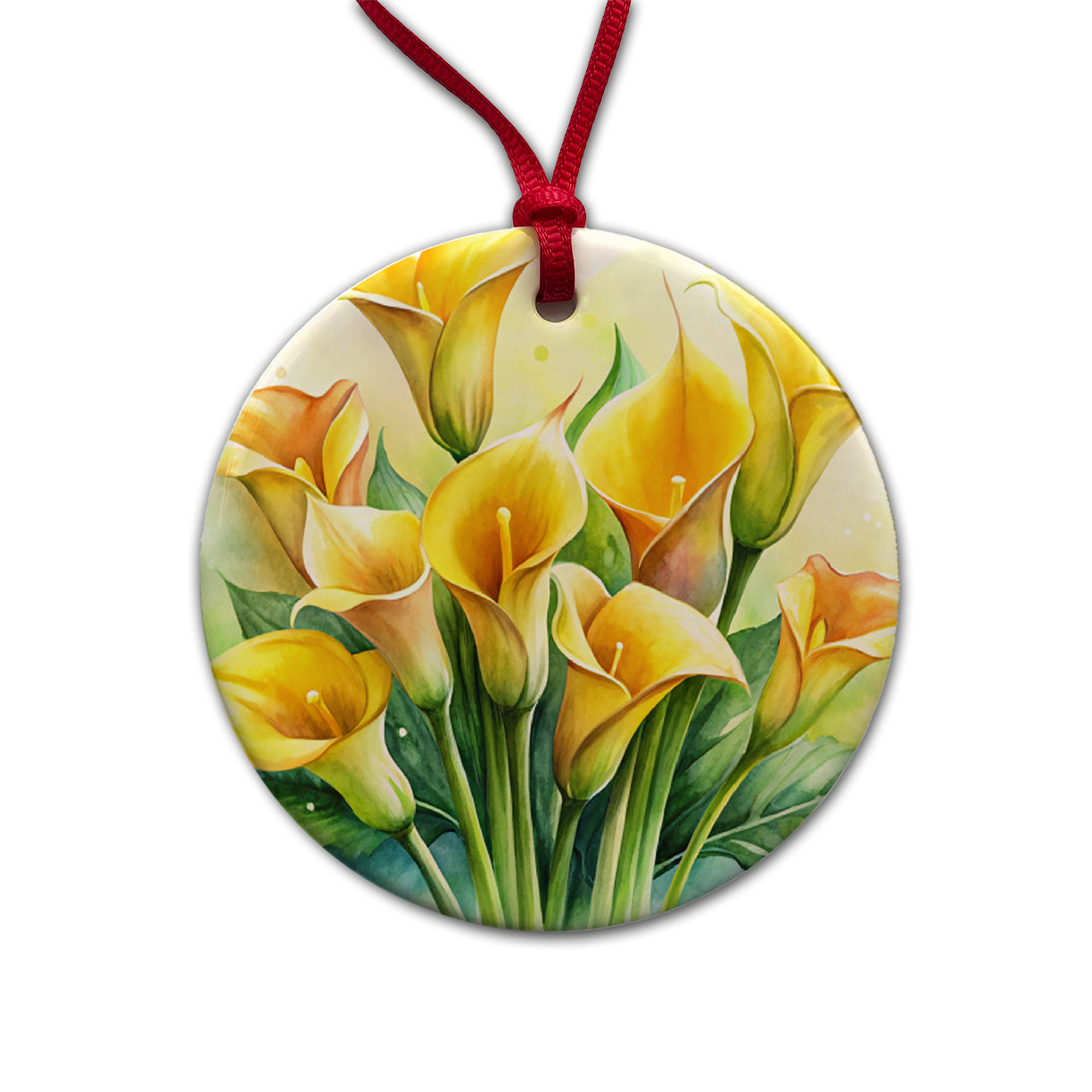 Yellow Calla Lily Flowers Watercolor Round Ceramic Holiday Christmas Tree Ornament