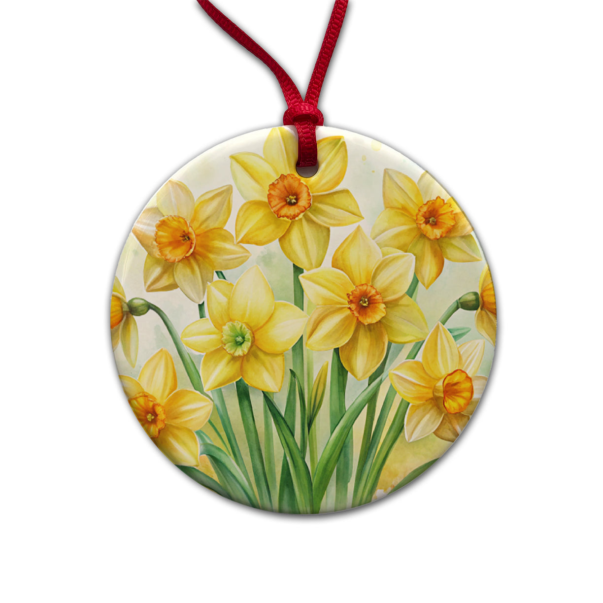Yellow Daffodils Flowers Watercolor Round Ceramic Holiday Christmas Tree Ornament