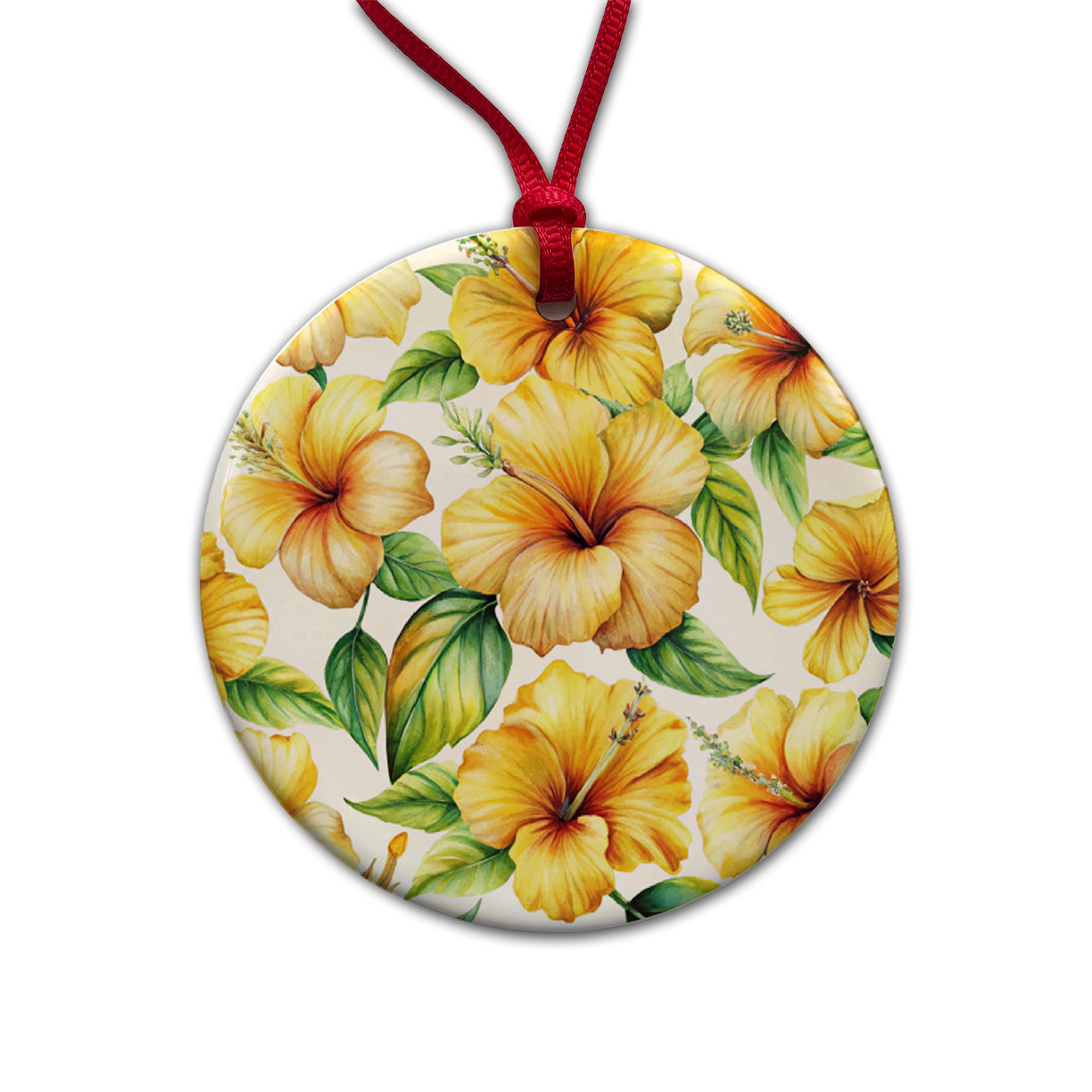 Yellow Hibiscus Flowers Watercolor Round Ceramic Holiday Christmas Tree Ornament