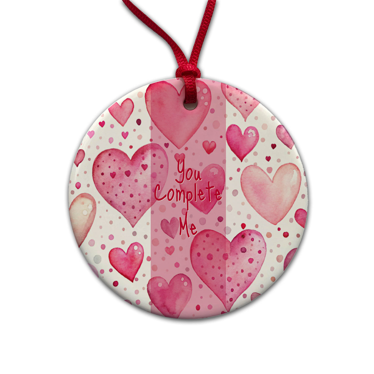 You Complete Me Valentine's Love Anniversary Pink Hearts Dots Round Ceramic Holiday Christmas Tree Ornament