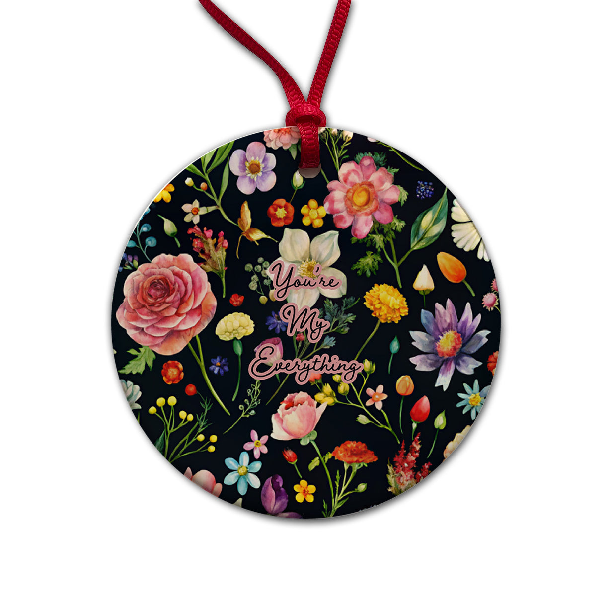 You're My Everything Romantic Love Wedding Anniversary Flowers Black Background Round Ceramic Holiday Christmas Tree Ornament