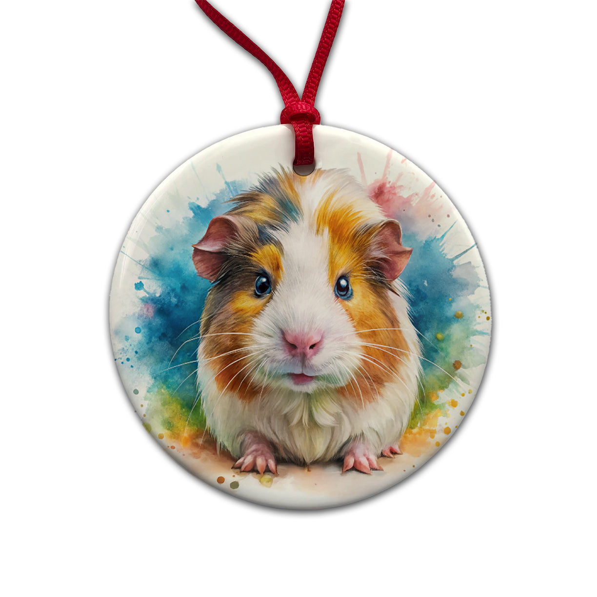 Angry Mad Guinea Pig Watercolor Round Ceramic Holiday Christmas Tree Ornament