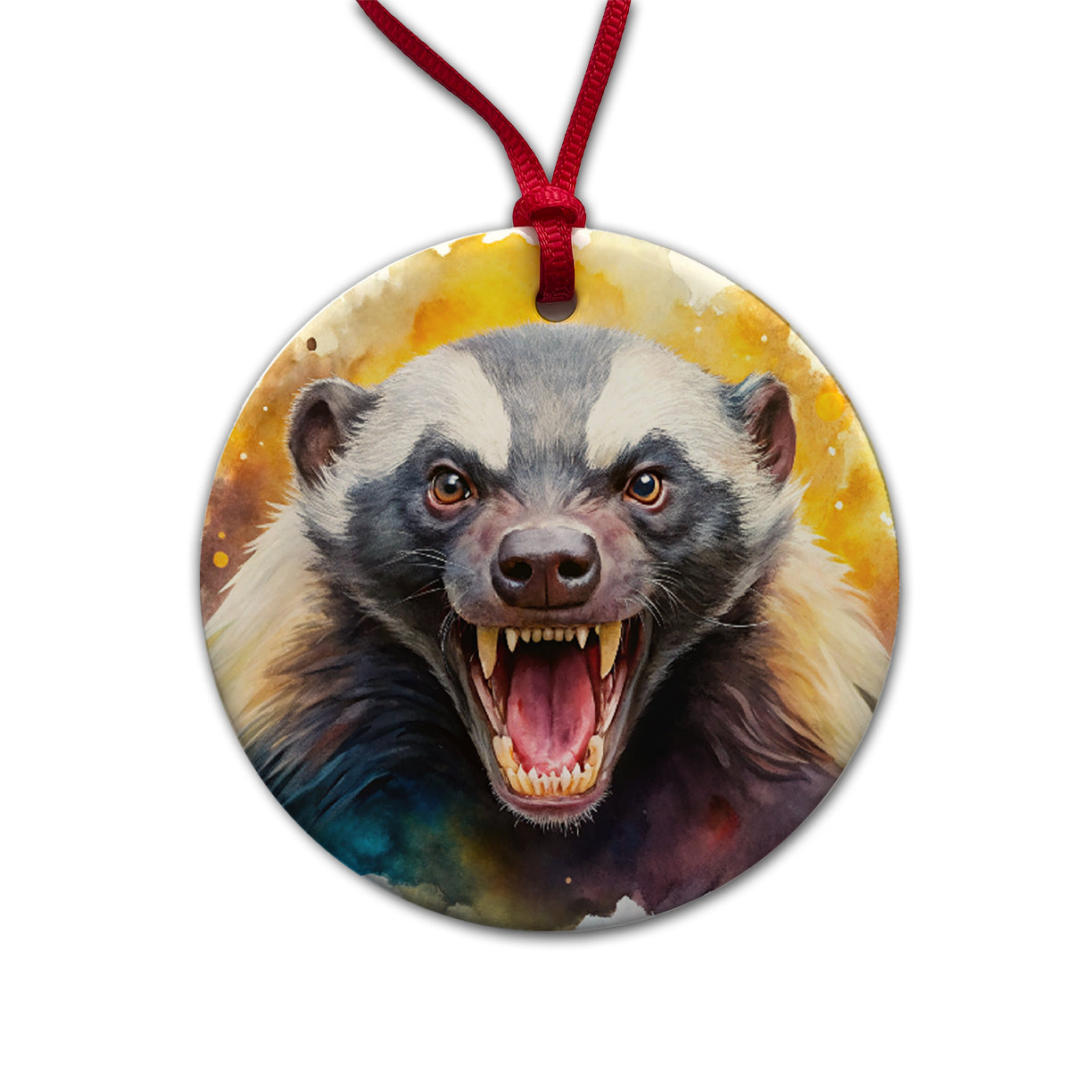 Angry Mad Honey Badger Watercolor Round Ceramic Holiday Christmas Tree Ornament
