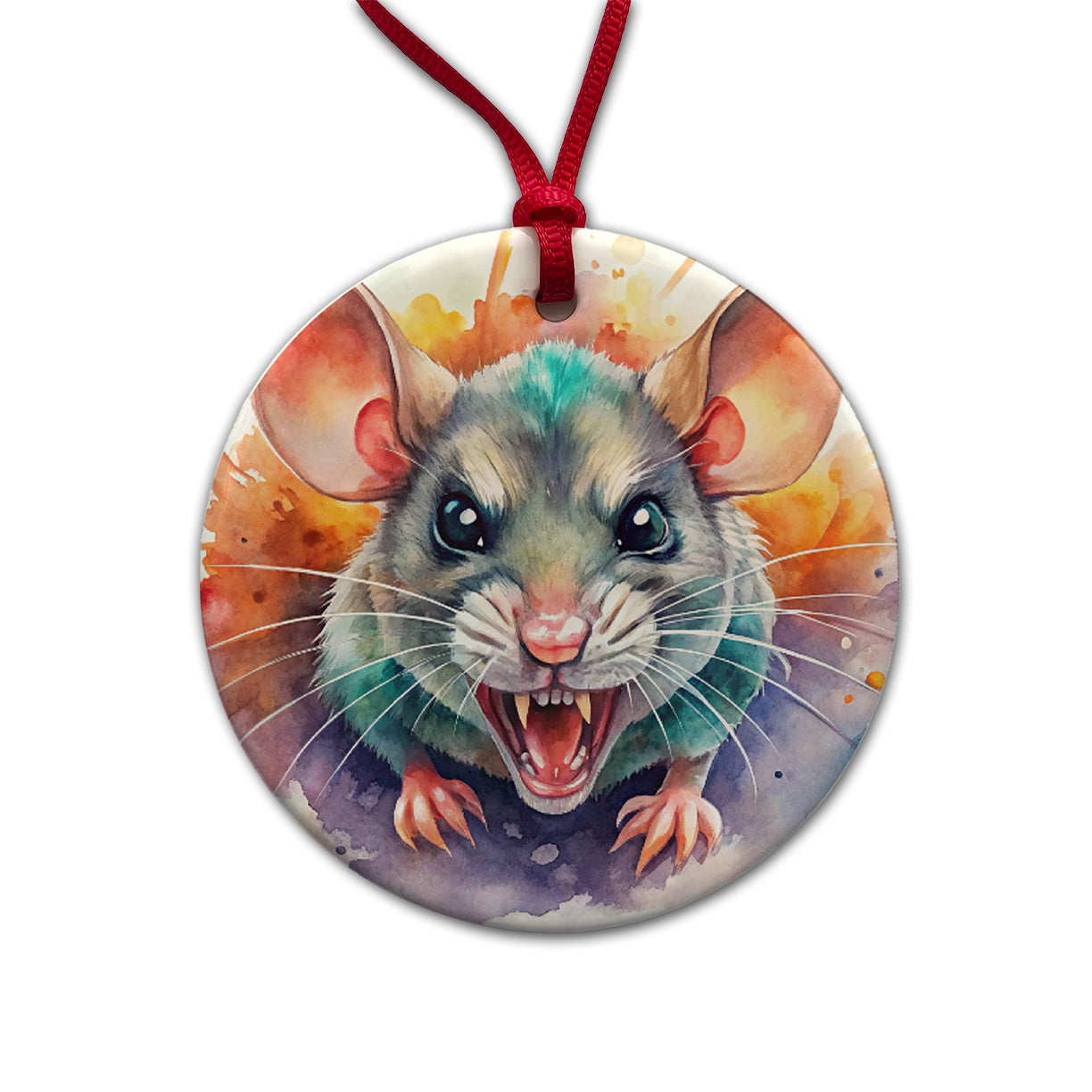 Angry Mad Mouse Watercolor Round Ceramic Holiday Christmas Tree Ornament