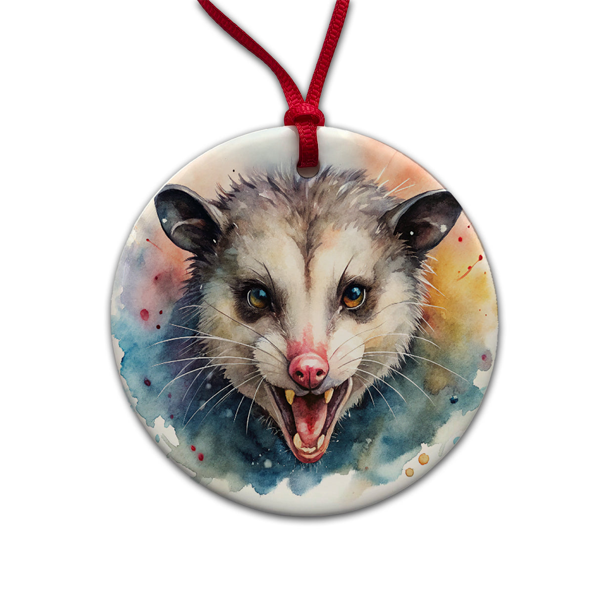 Angry Mad Opossum Watercolor Round Ceramic Holiday Christmas Tree Ornament