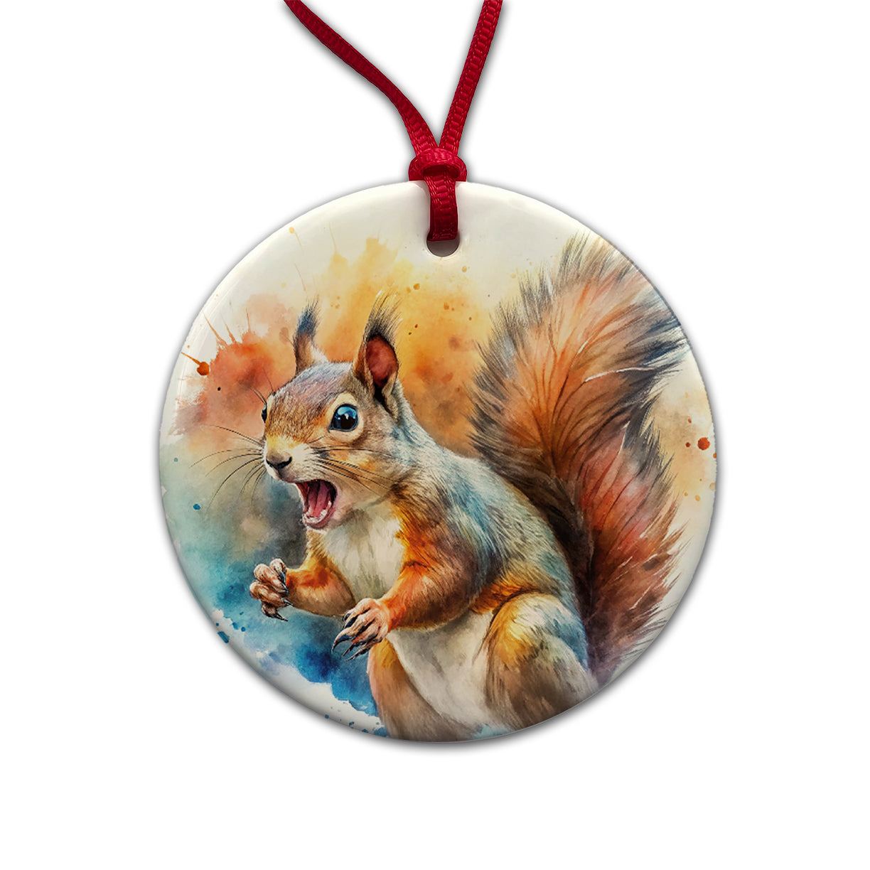 Angry Mad Squirrel Watercolor Round Ceramic Holiday Christmas Tree Ornament