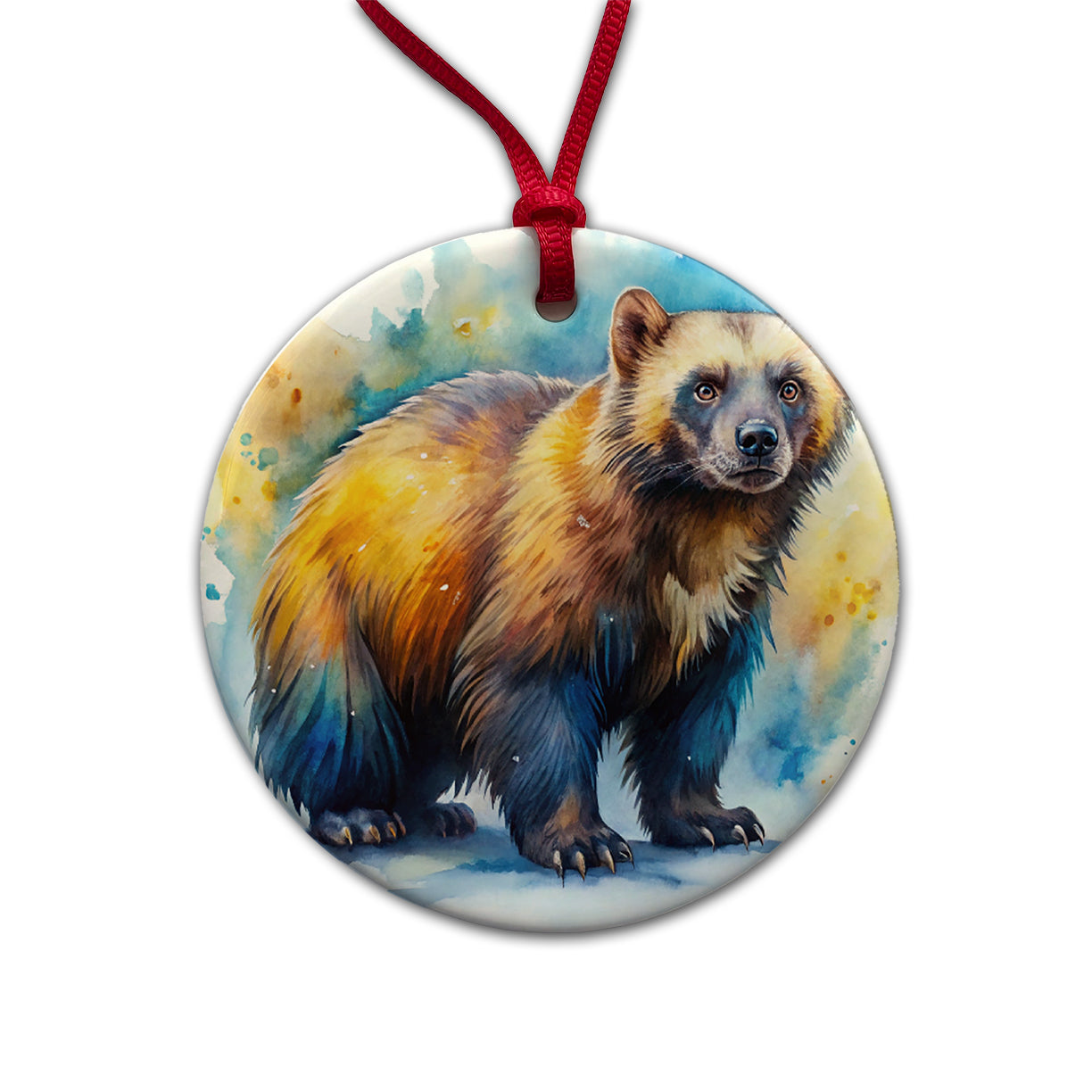 Animal Mad Wolverine Watercolor Round Ceramic Holiday Christmas Tree Ornament