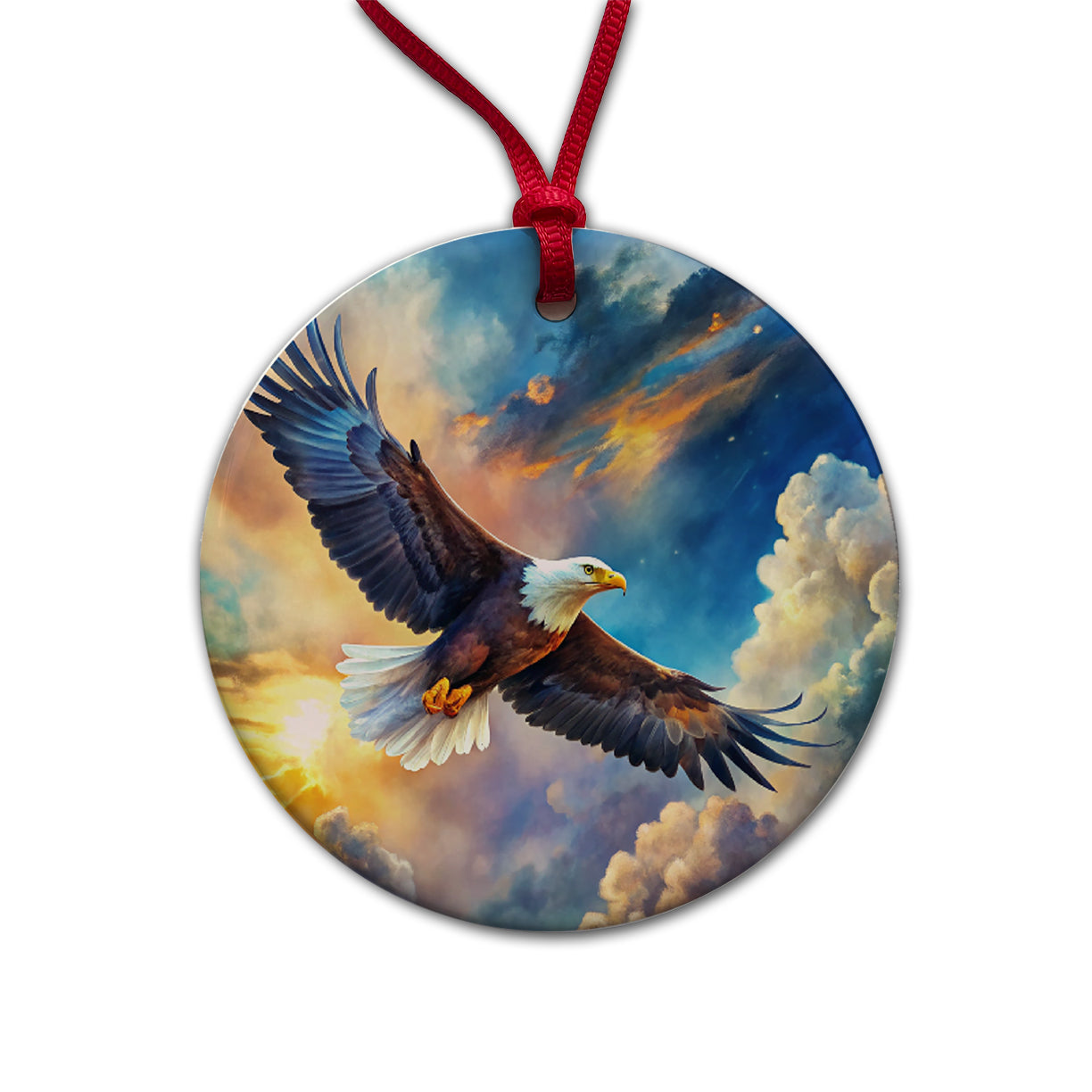 Bald Eagle Flying In Sky Clouds Watercolor Round Ceramic Holiday Christmas Tree Ornament