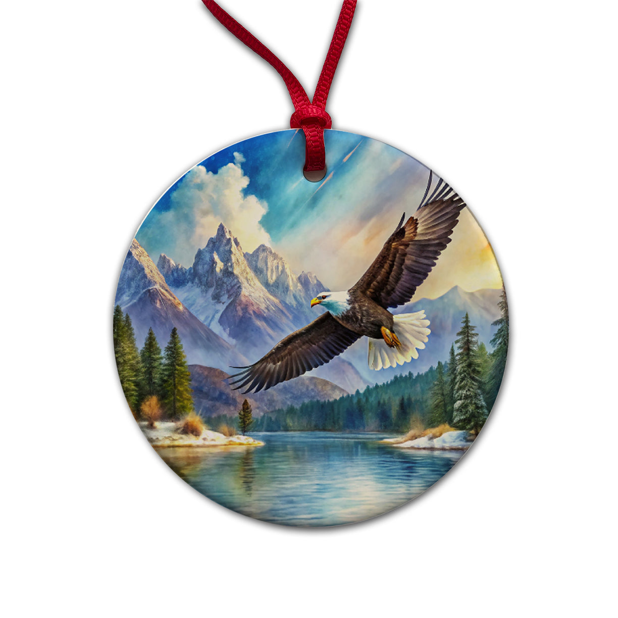 Bald Eagle Flying With Mountains Lake Watercolor Round Ceramic Holiday Christmas Tree Ornament