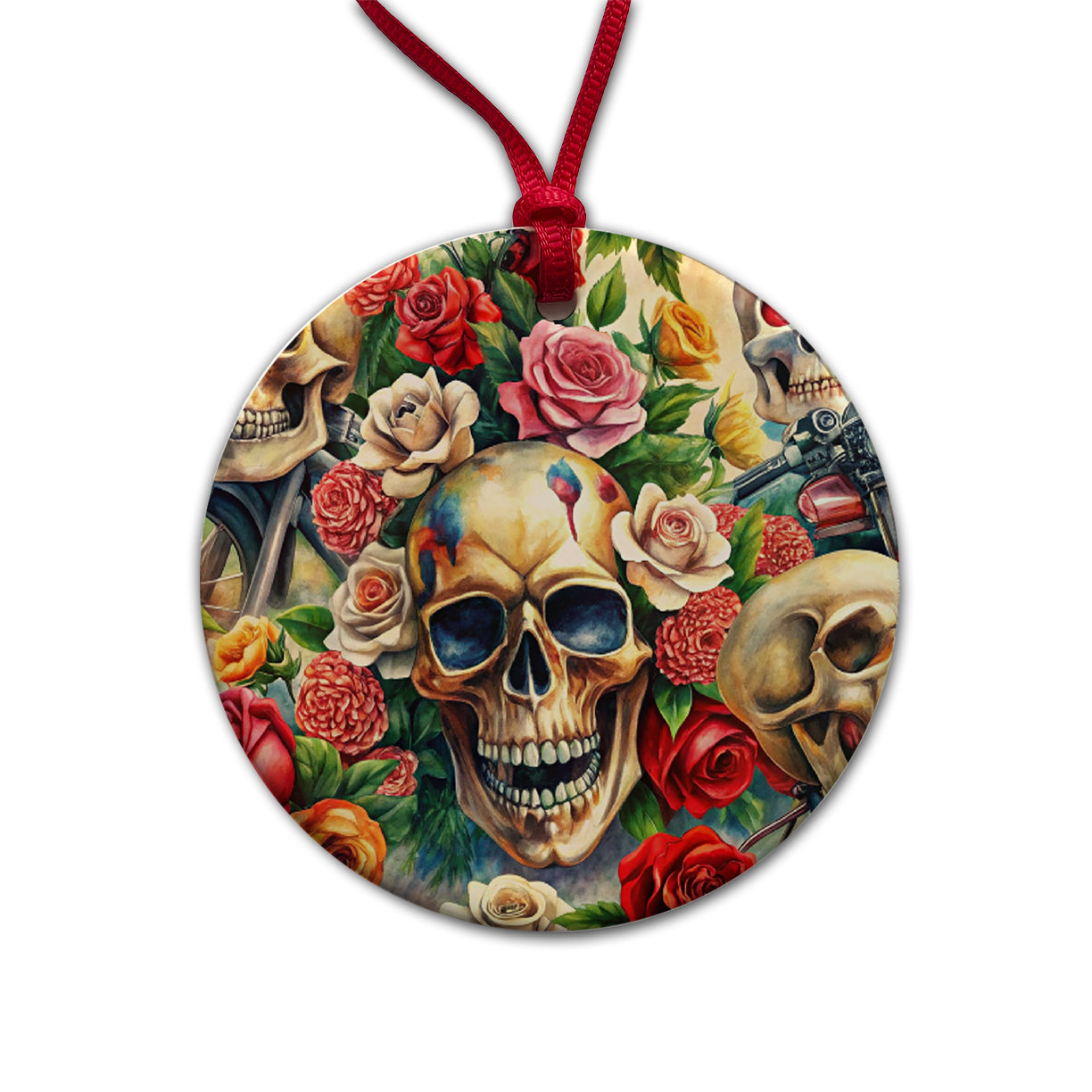 Biker Skulls And Roses Theme Watercolor Round Ceramic Holiday Christmas Tree Ornament