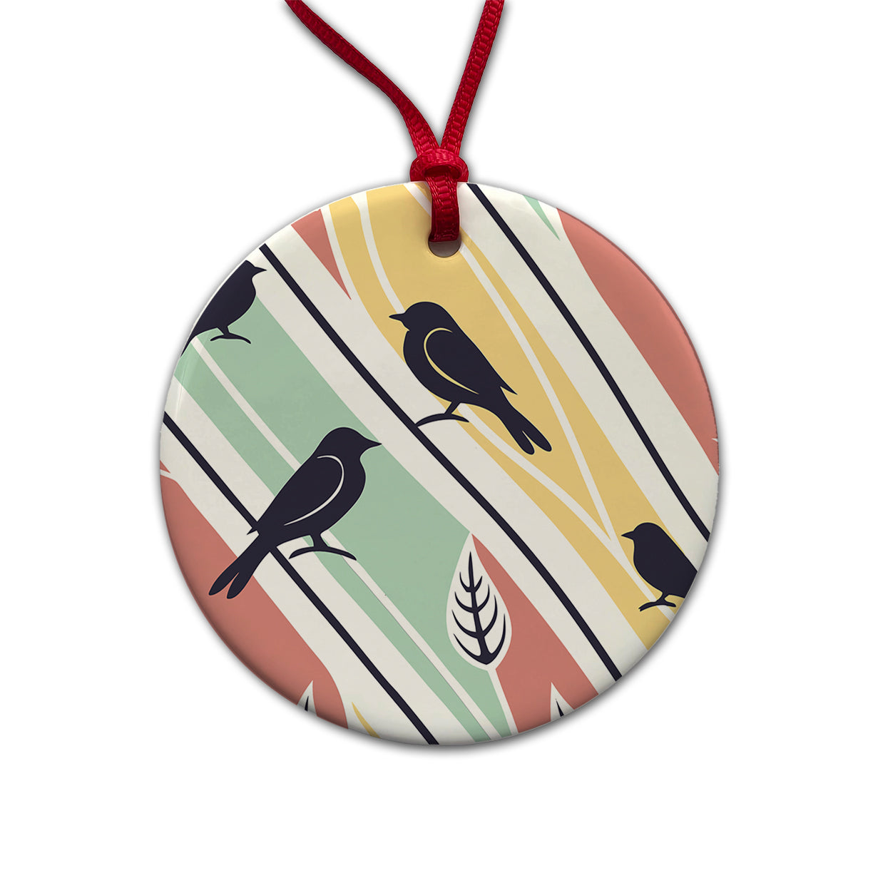 Birds And Trees Abstract Round Ceramic Holiday Christmas Tree Ornament
