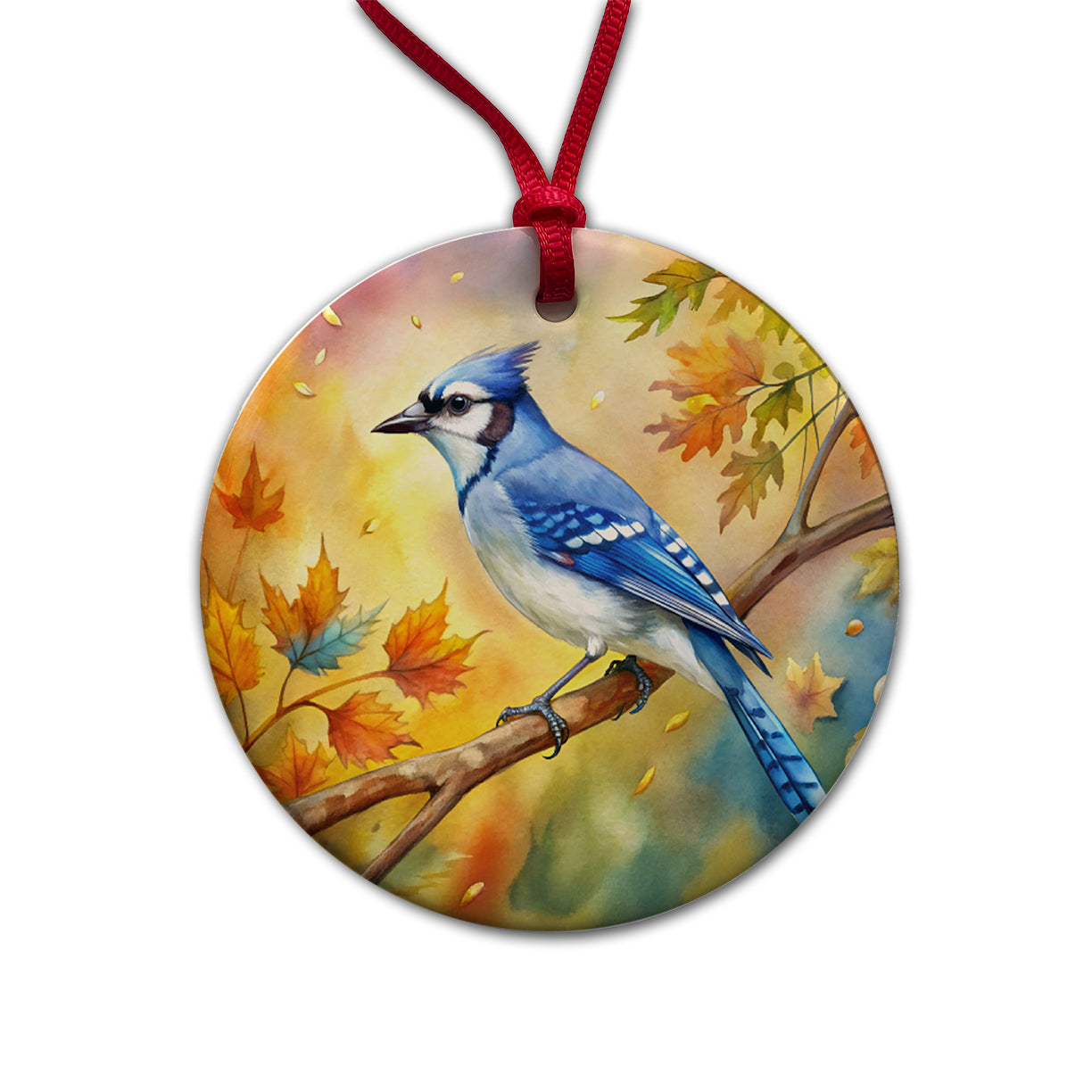 Blue Jay In Tree Watercolor Round Ceramic Holiday Christmas Tree Ornament
