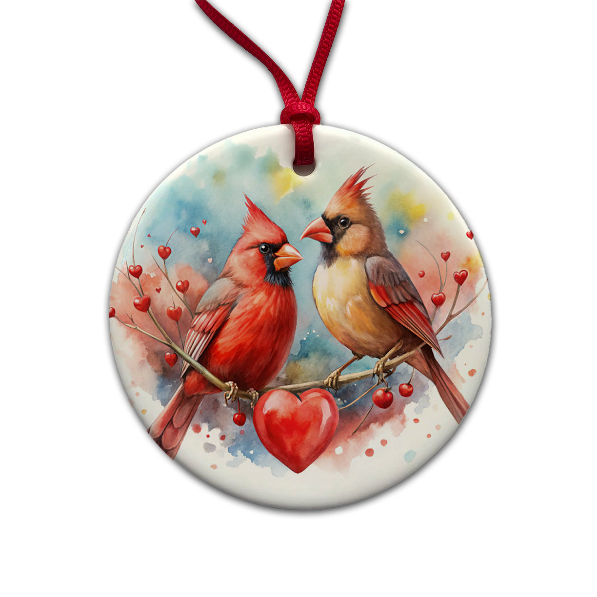Cardinals In Love With Hearts Valentine's Day Round Ceramic Holiday Christmas Tree Ornament