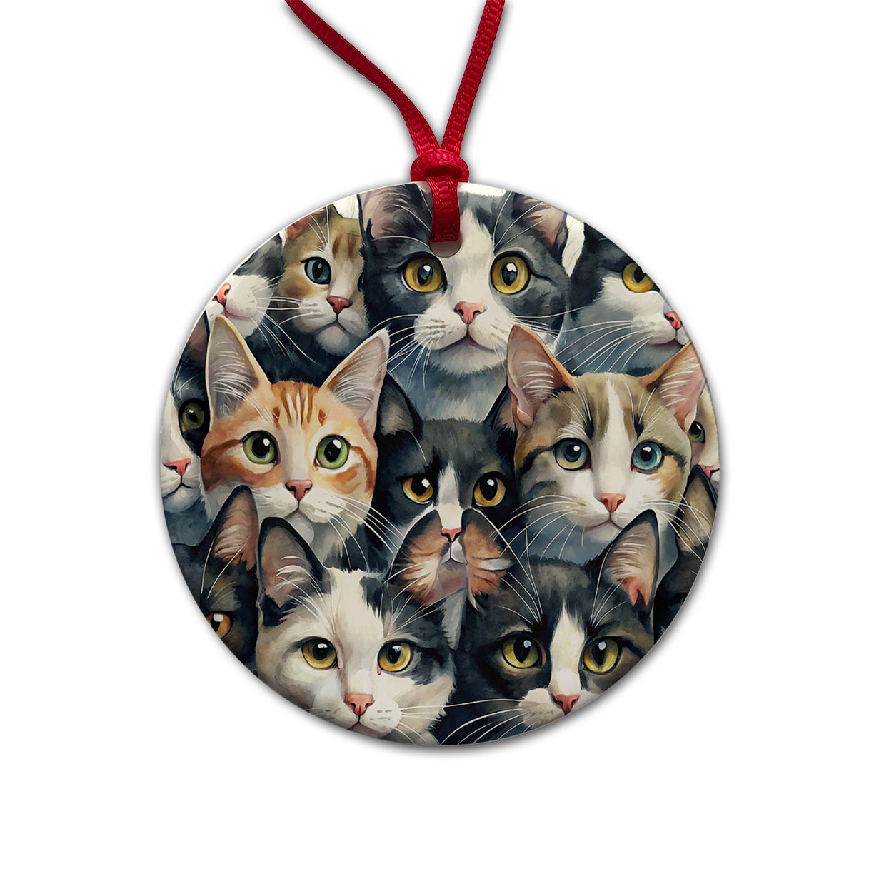 Cartoon Black And White Cats Round Ceramic Holiday Christmas Tree Ornament