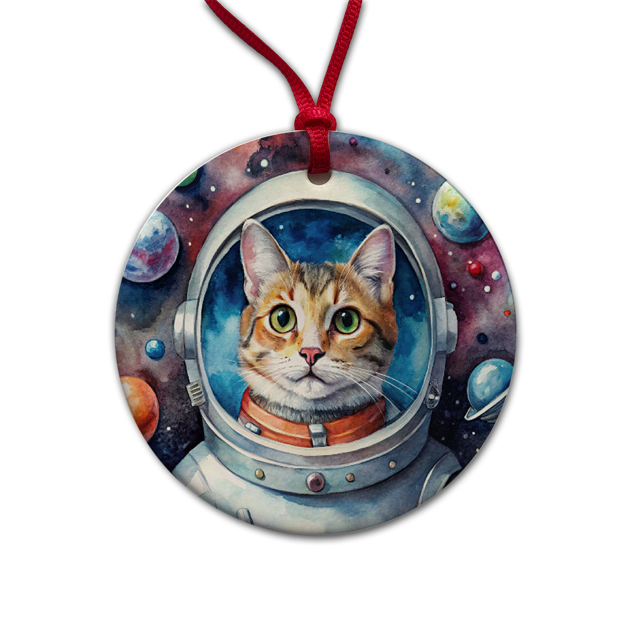 Cat In Space Funny Tabby Watercolor Round Ceramic Holiday Christmas Tree Ornament