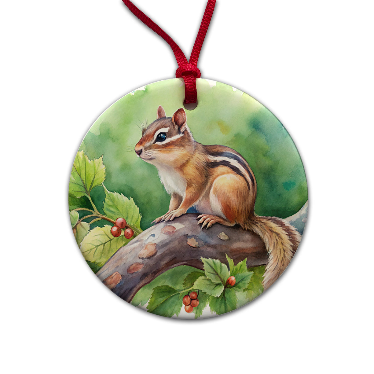 Chipmunk In Tree Watercolor Round Ceramic Holiday Christmas Tree Ornament