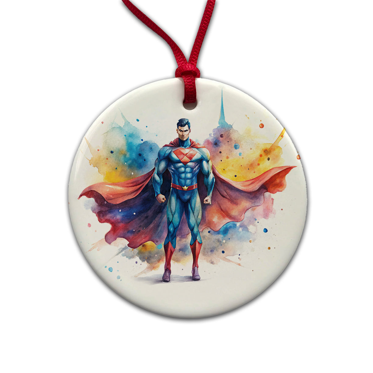 Classic Caped Superhero Watercolor Round Ceramic Holiday Christmas Tree Ornament