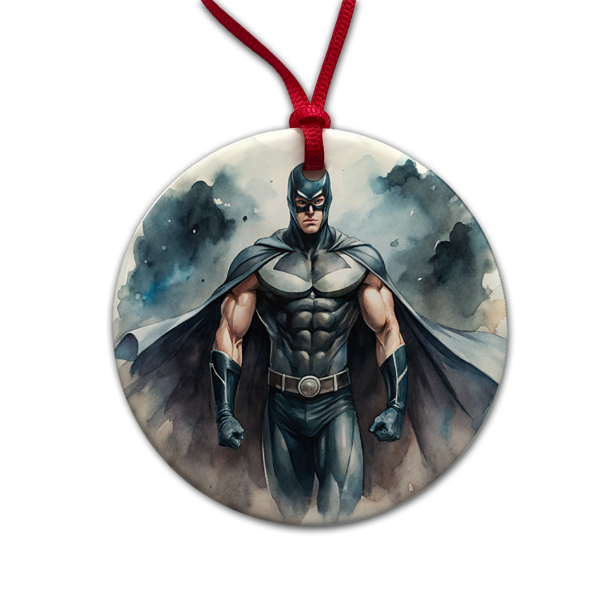 Classic Masked Superhero With Black Costume Watercolor Round Ceramic Holiday Christmas Tree Ornament