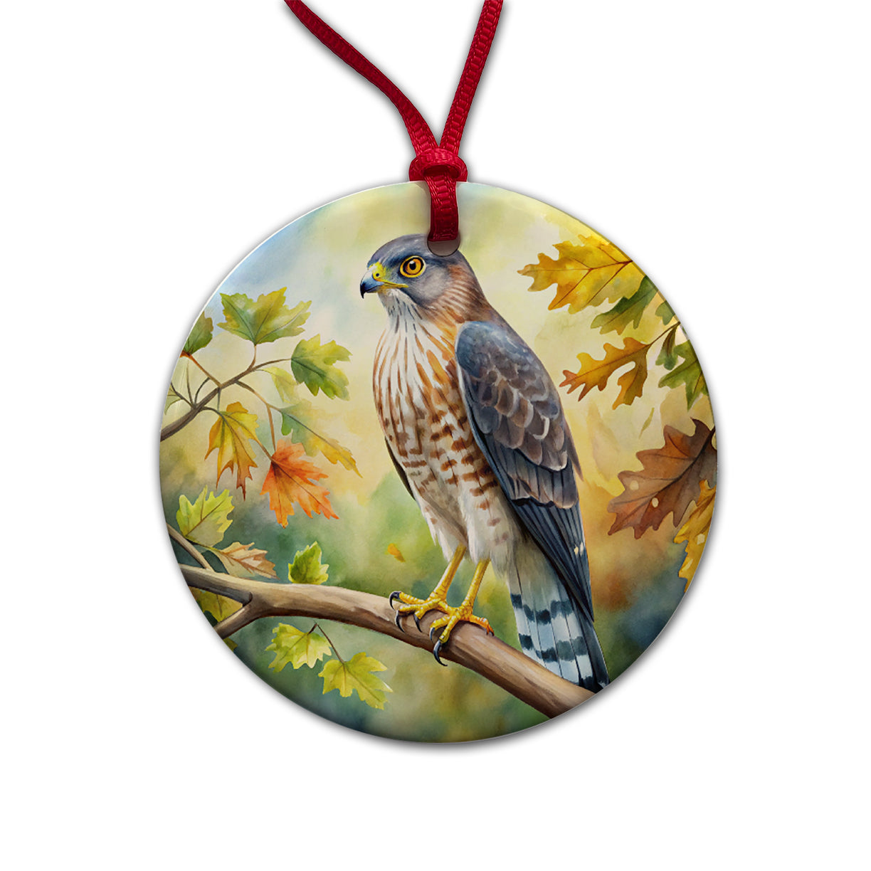 Cooper's Hawk Raptor Bird Of Prey In Tree Watercolor Round Ceramic Holiday Christmas Tree Ornament