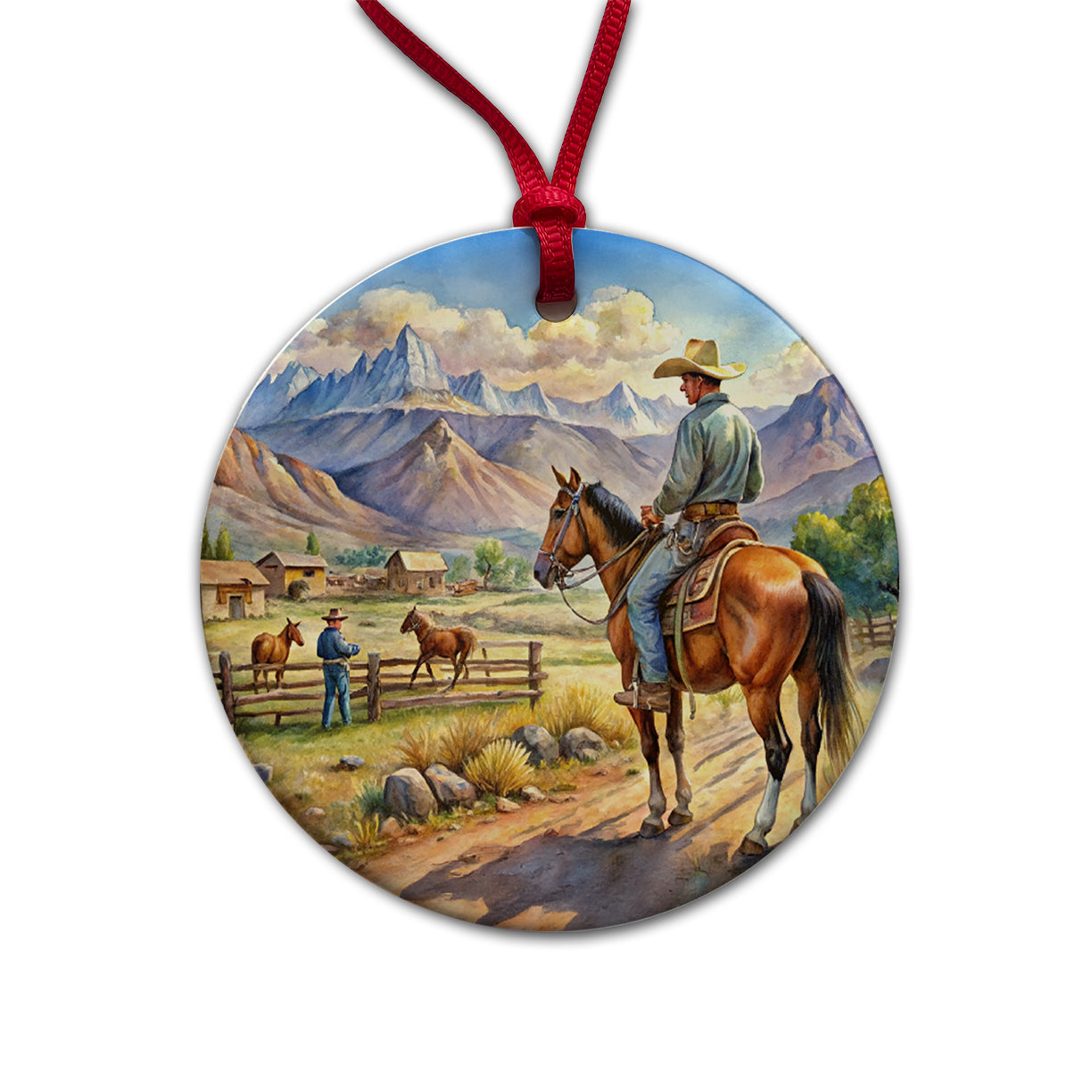 Cowboys Western Ranch Scene Watercolor Round Ceramic Holiday Christmas Tree Ornament