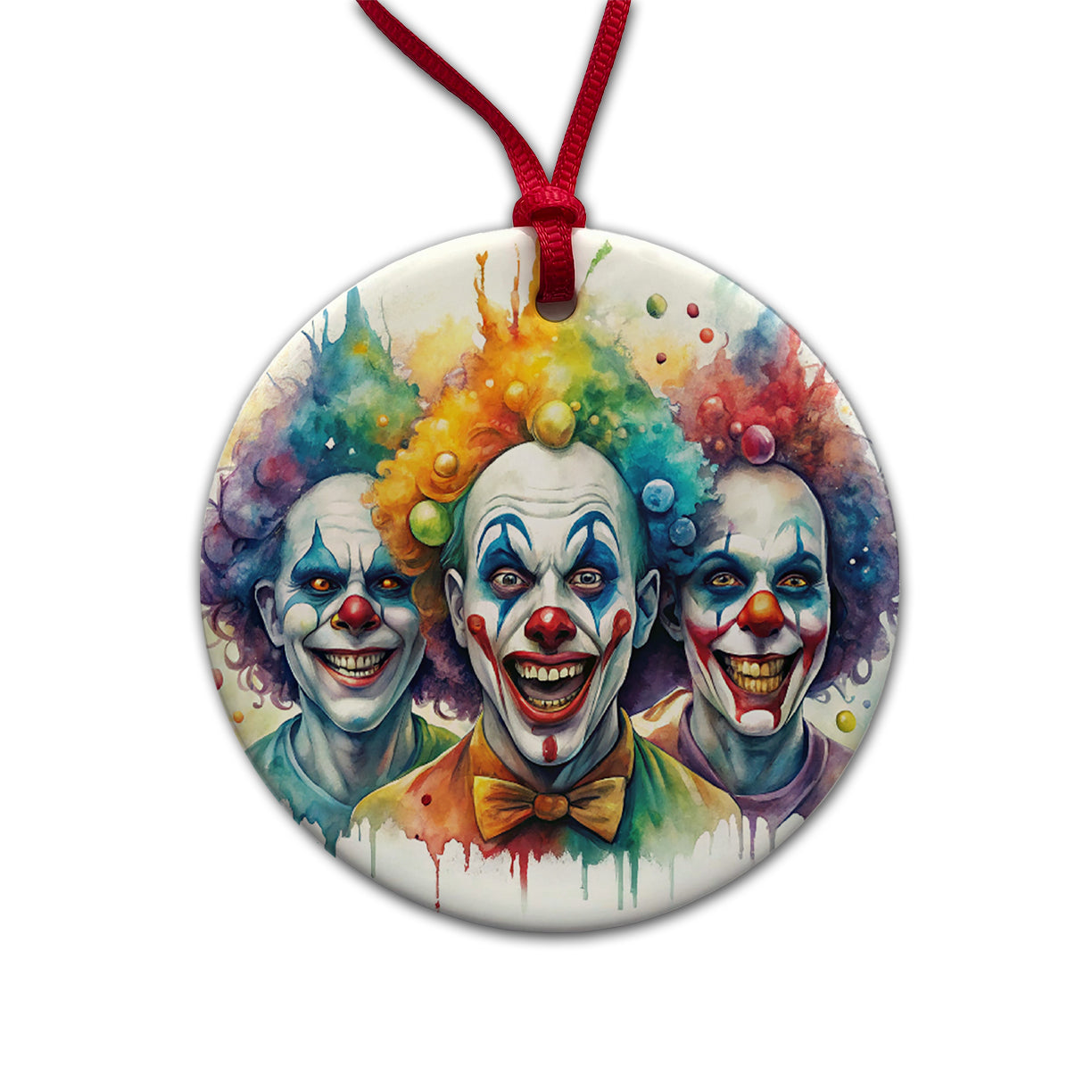 Creepy Scary Evil Killer Clowns Watercolor Round Ceramic Holiday Christmas Tree Ornament