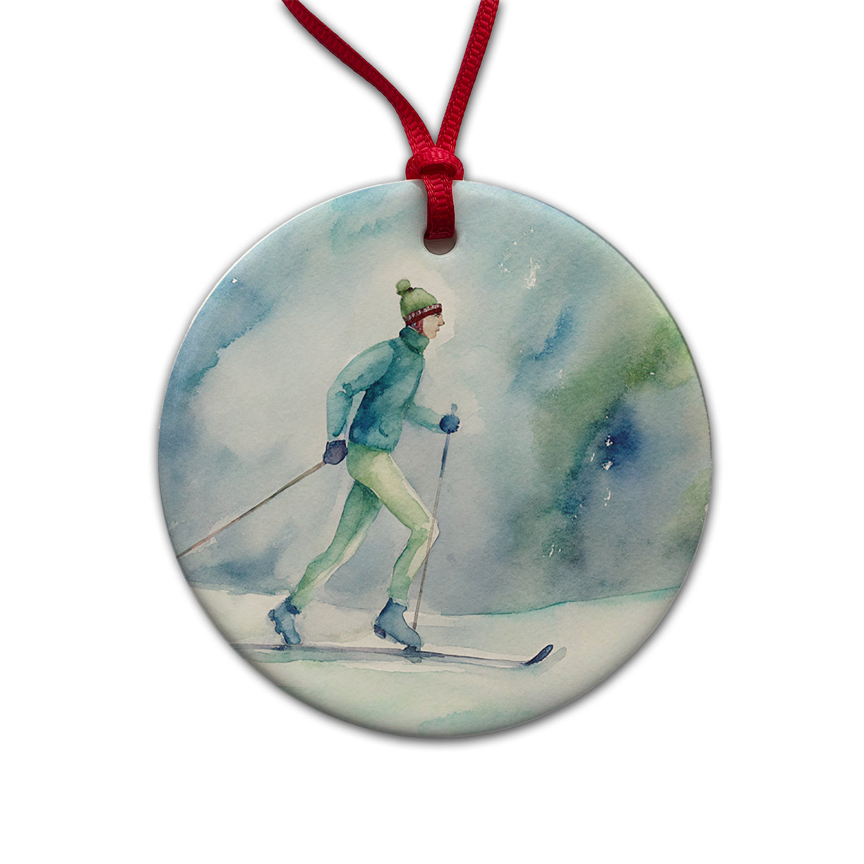 Cross Country Skiing Watercolor Round Ceramic Holiday Christmas Tree Ornament