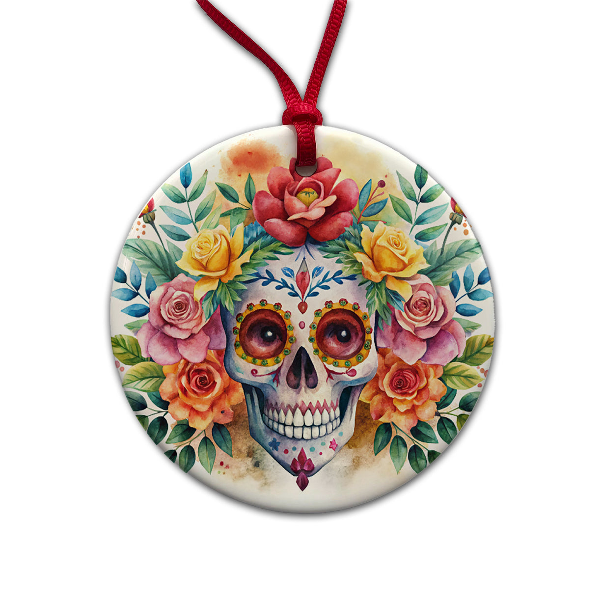 Day Of The Dead Día De Muertos Theme Watercolor Round Ceramic Holiday Christmas Tree Ornament