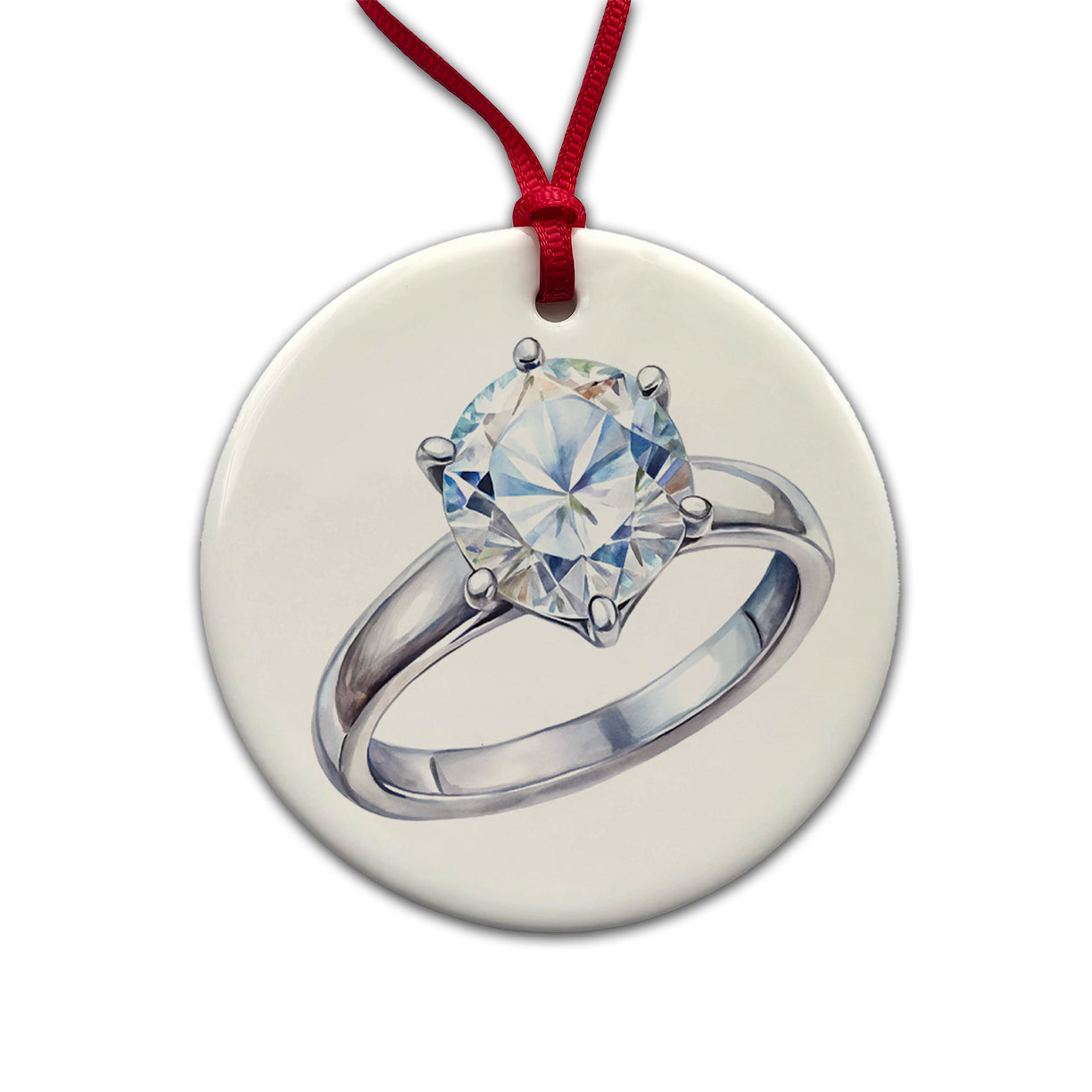 Diamond Ring Engagement Engaged Wedding Proposal Round Ceramic Holiday Christmas Tree Ornament