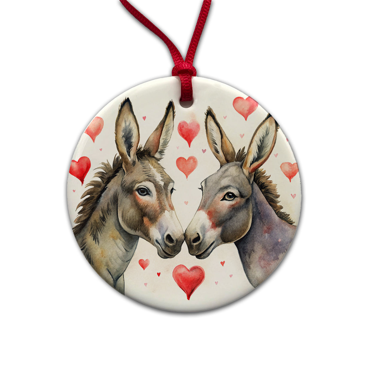 Donkeys In Love With Hearts Valentine's Day Round Ceramic Holiday Christmas Tree Ornament