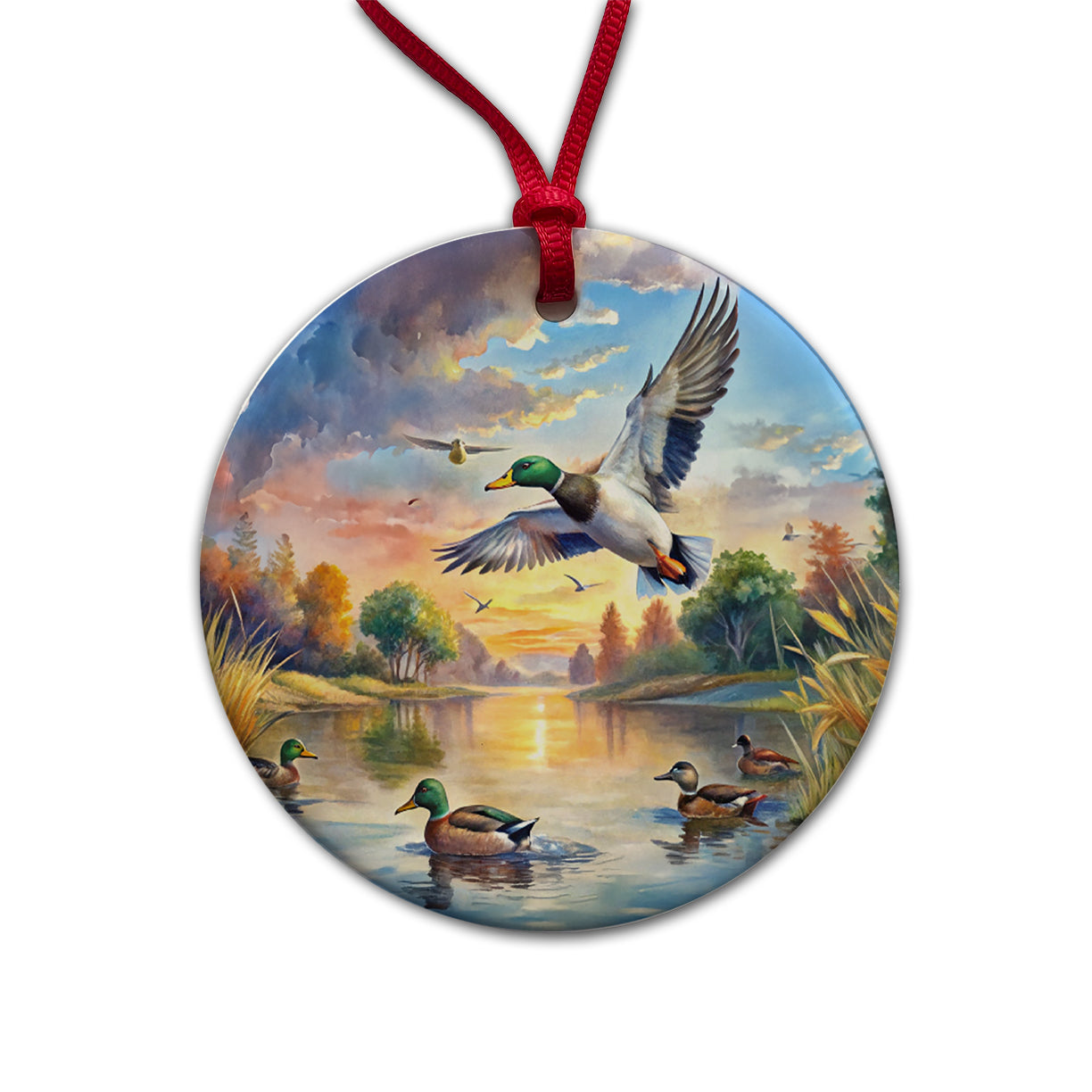 Ducks Flying At Sunrise Hunting Watercolor Round Ceramic Holiday Christmas Tree Ornament