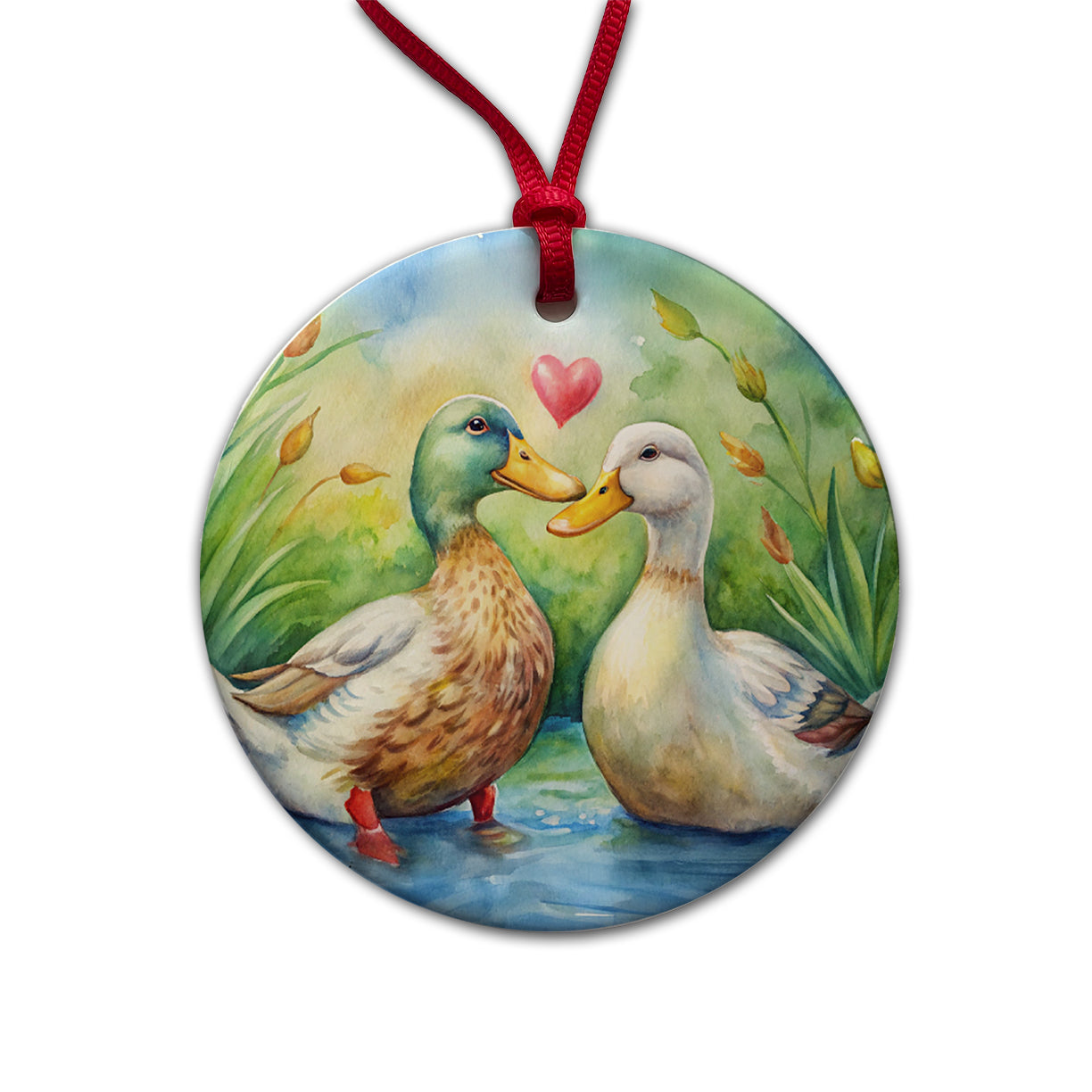 Ducks In Love Heart Valentine's Day Round Ceramic Holiday Christmas Tree Ornament