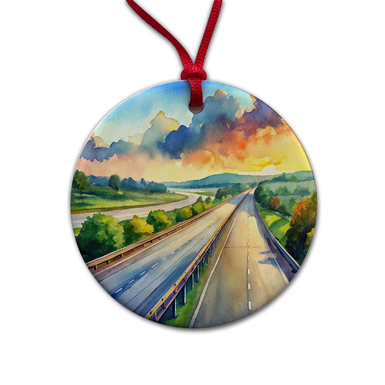 Empty Highway Stretching Into The Distance Watercolor Round Ceramic Holiday Christmas Tree Ornament