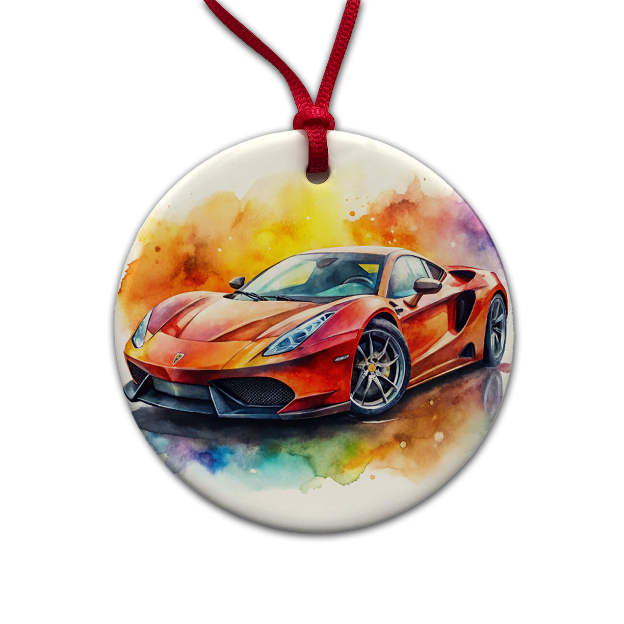 Exotic Supercar Sports Car Watercolor Round Ceramic Holiday Christmas Tree Ornament