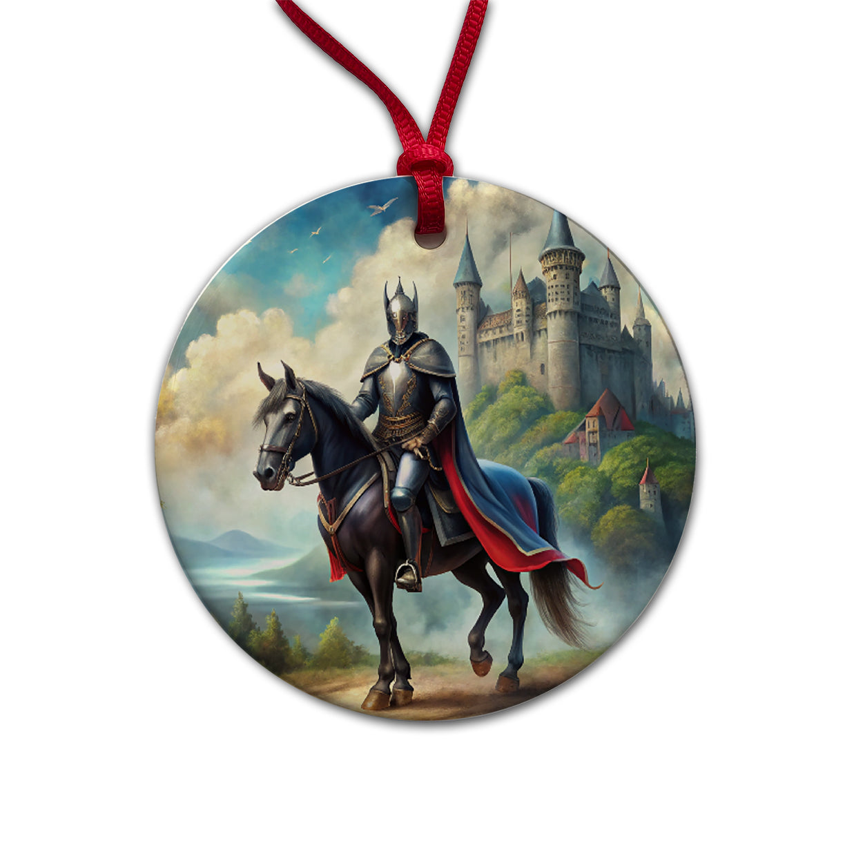 Fantasy Black Knight Astride Horse Outside Castle Watercolor Round Ceramic Holiday Christmas Tree Ornament