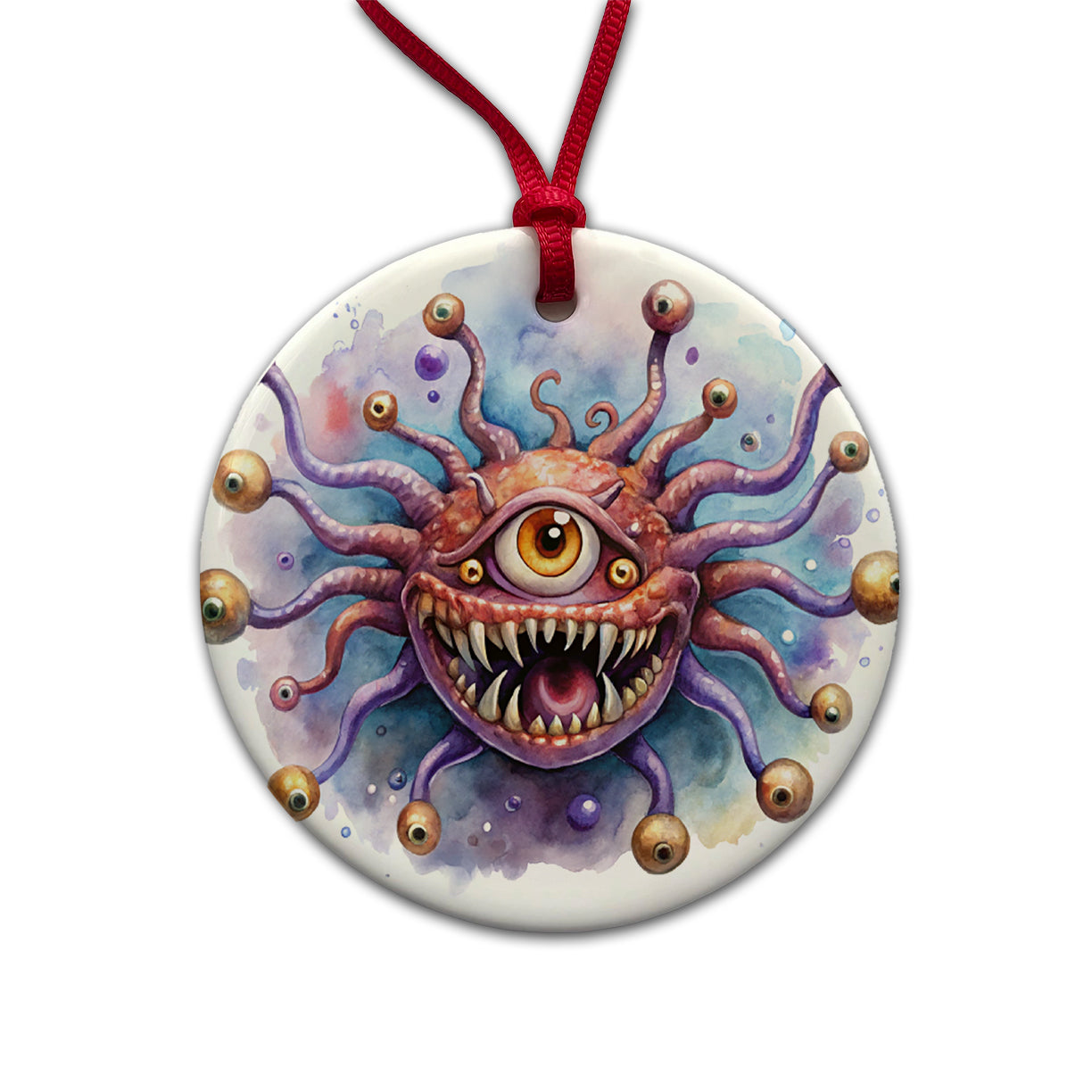 Fantasy Creature Monster Beholder Watercolor Round Ceramic Holiday Christmas Tree Ornament