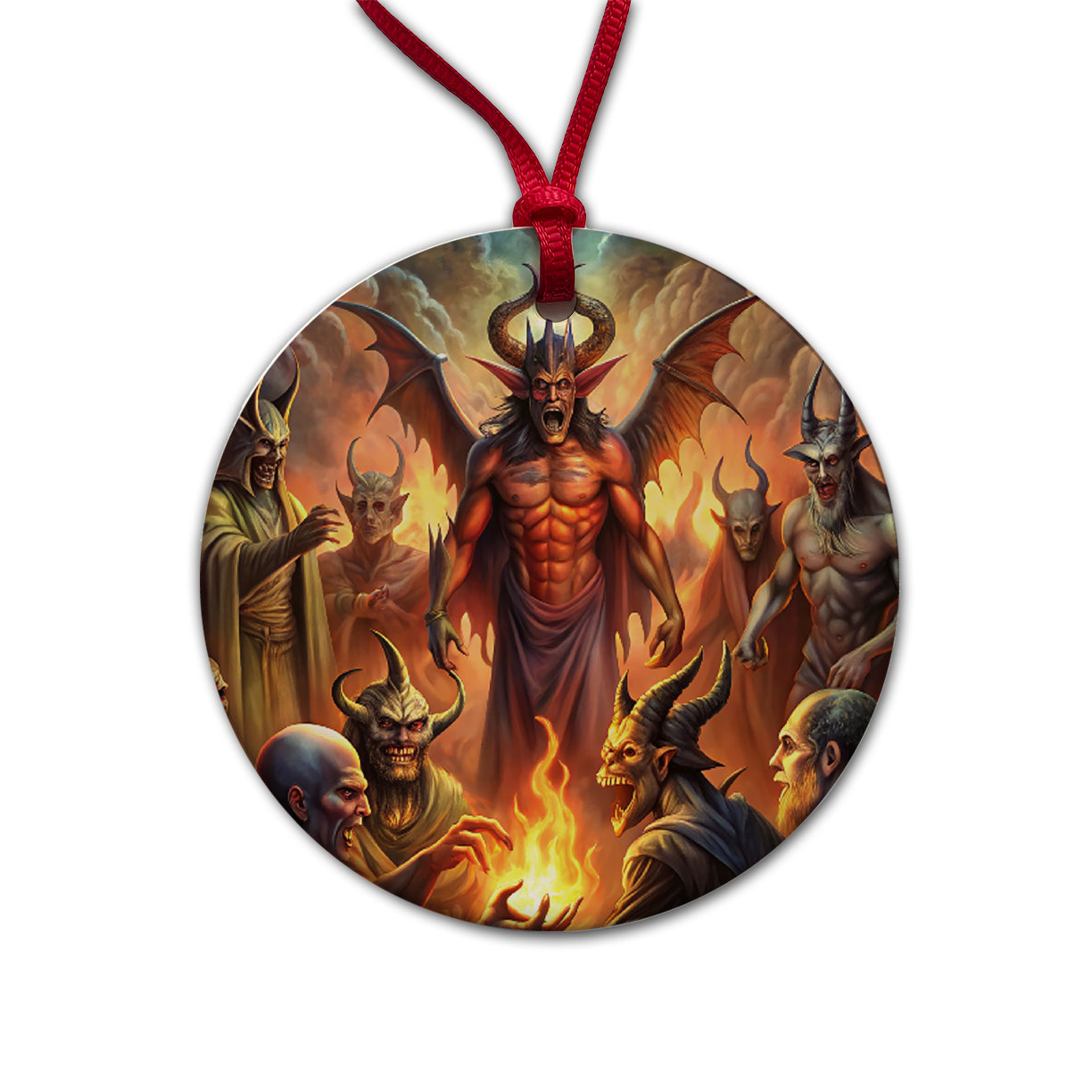 Fantasy Demon Congregation By Firelight Round Ceramic Holiday Christmas Tree Ornament