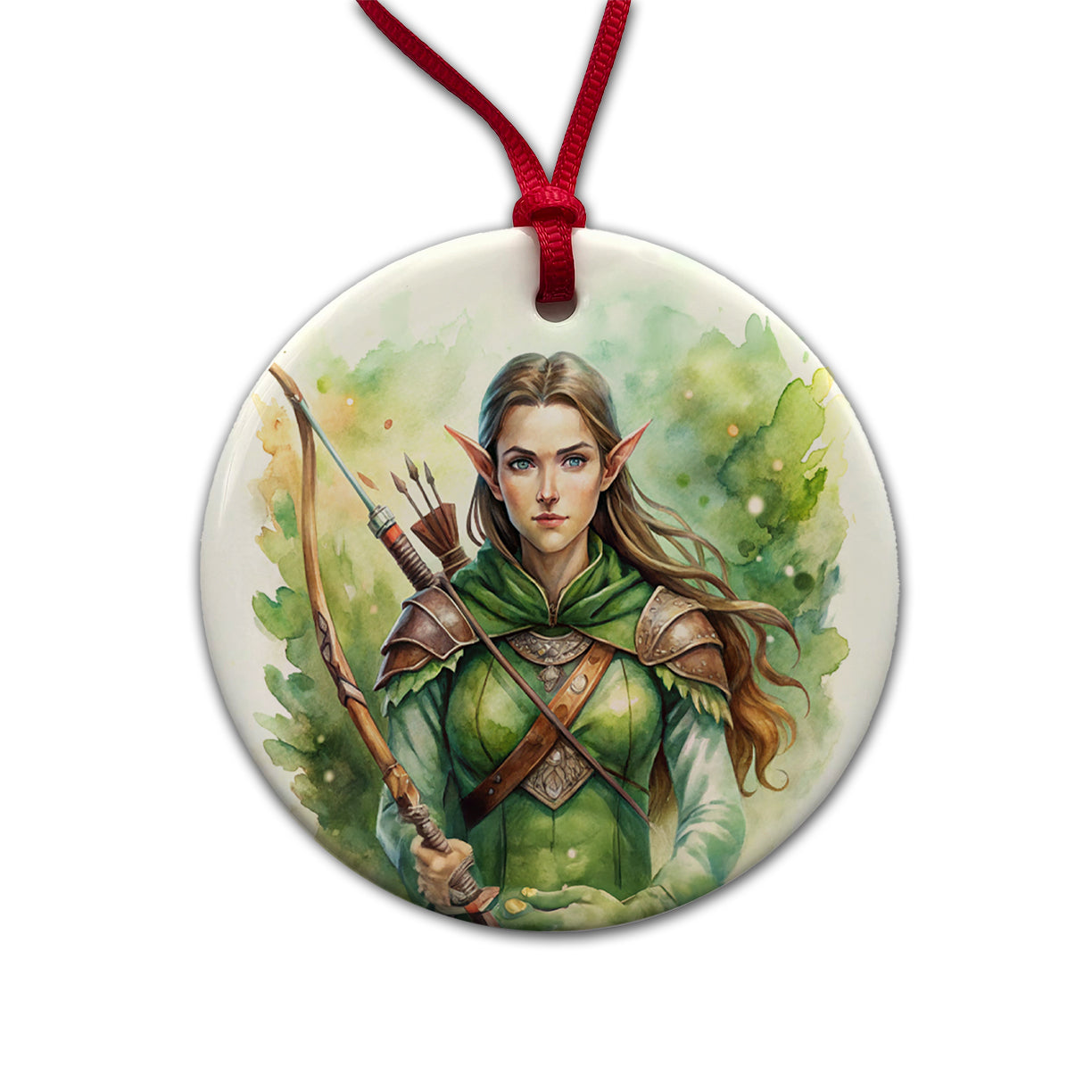 Fantasy Female Elven Ranger Watercolor Round Ceramic Holiday Christmas Tree Ornament