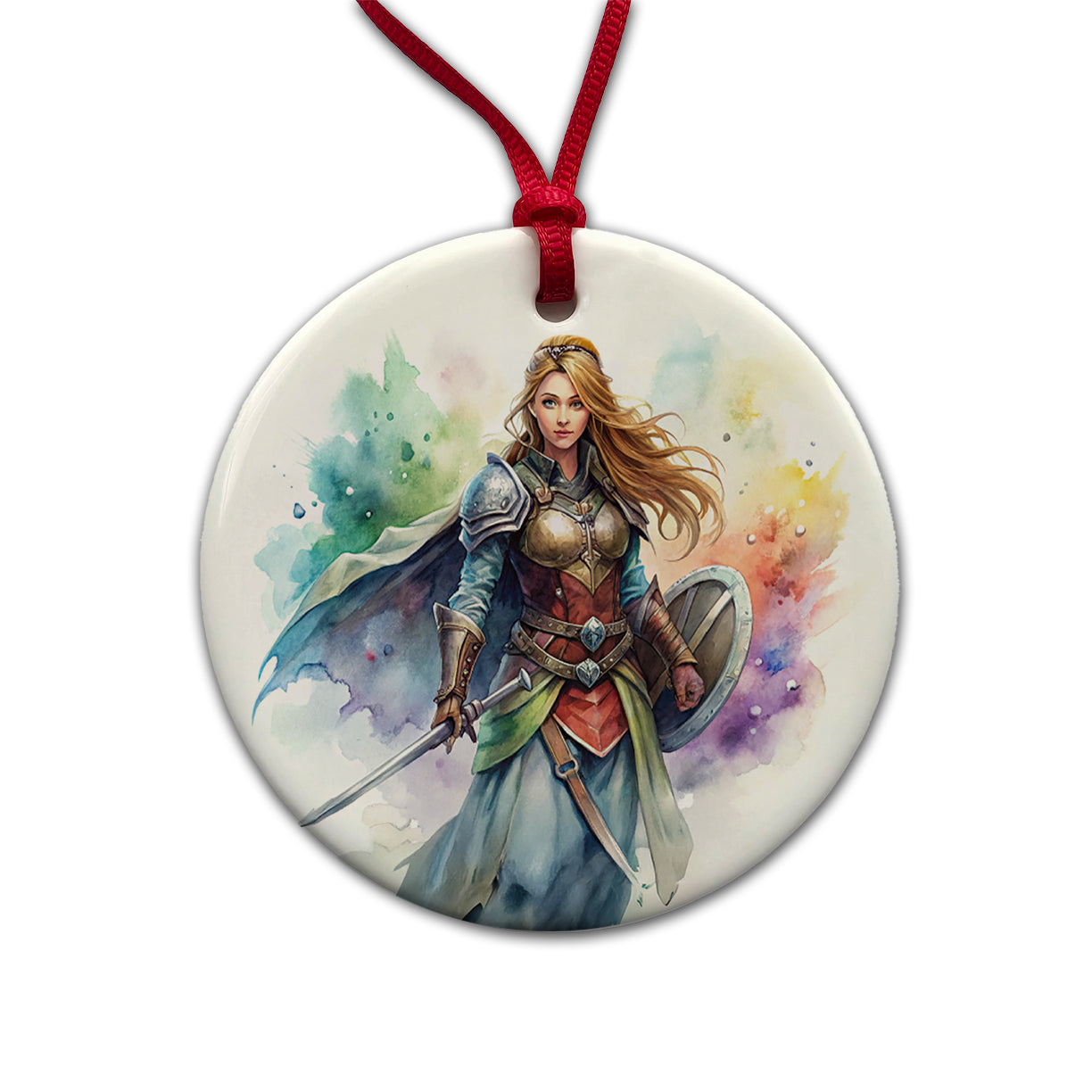 Fantasy Female Fighter Sword Shield-maiden Watercolor Round Ceramic Holiday Christmas Tree Ornament