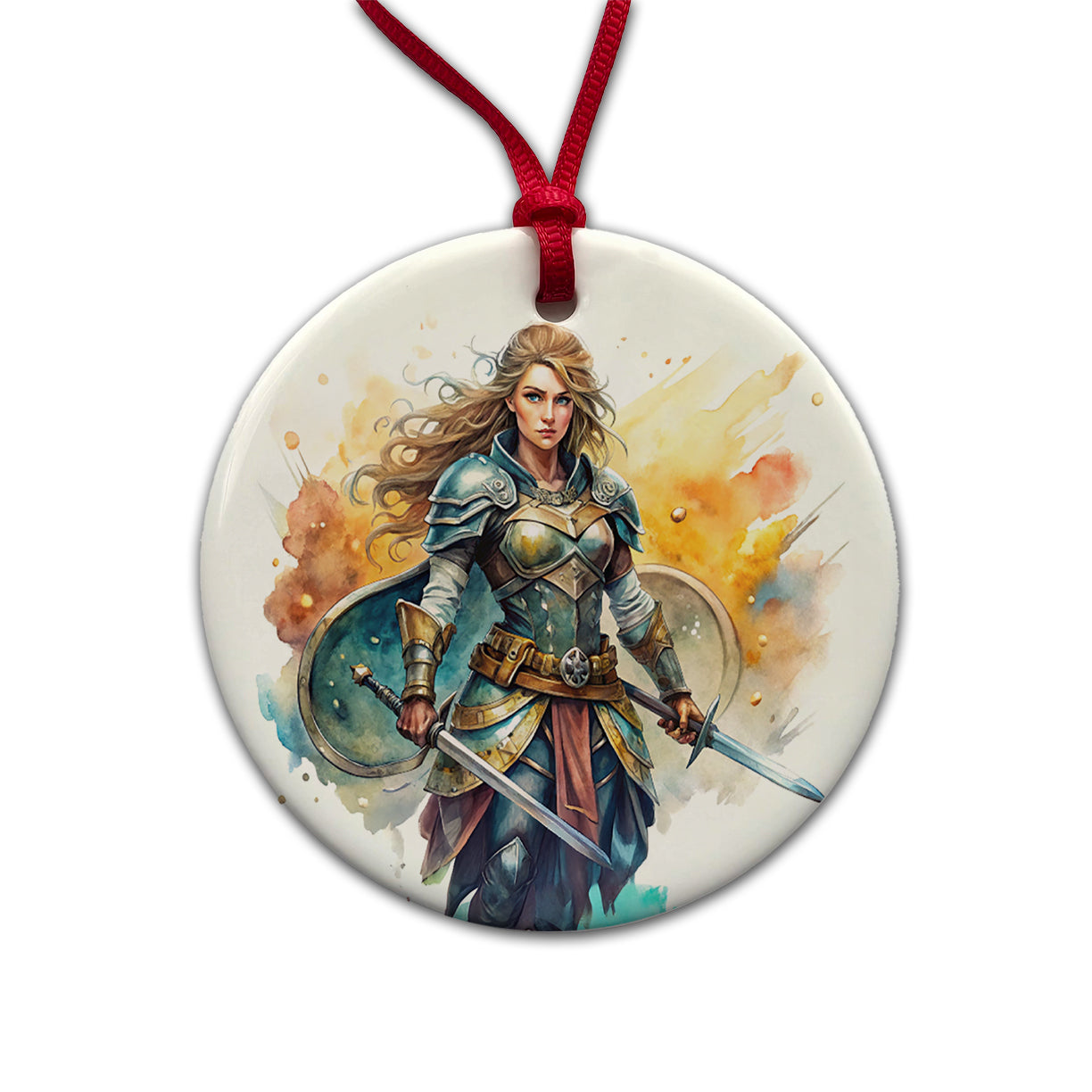 Fantasy Female Fighter Warrior Shield-maiden Watercolor Round Ceramic Holiday Christmas Tree Ornament
