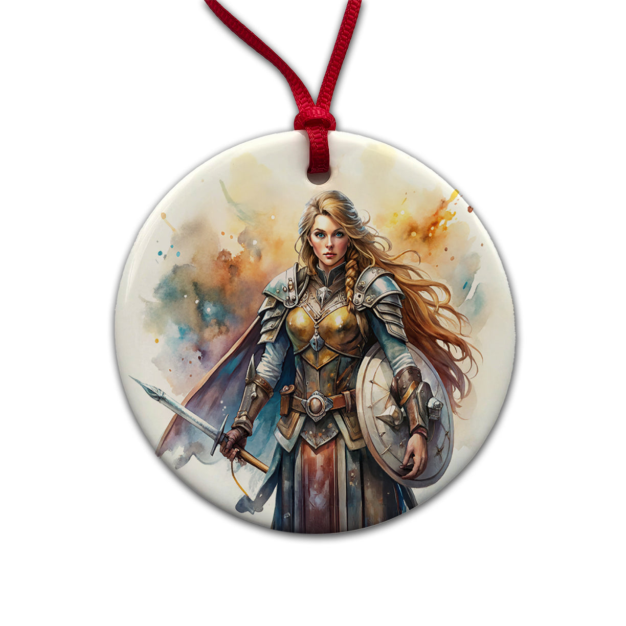 Fantasy Female Warrior Paladin Watercolor Round Ceramic Holiday Christmas Tree Ornament