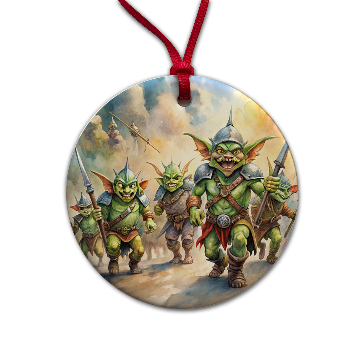 Fantasy Goblins Monsters Going To War Watercolor Round Ceramic Holiday Christmas Tree Ornament