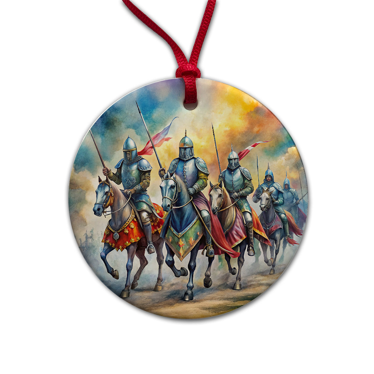 Fantasy Knights Riding To War Watercolor Round Ceramic Holiday Christmas Tree Ornament
