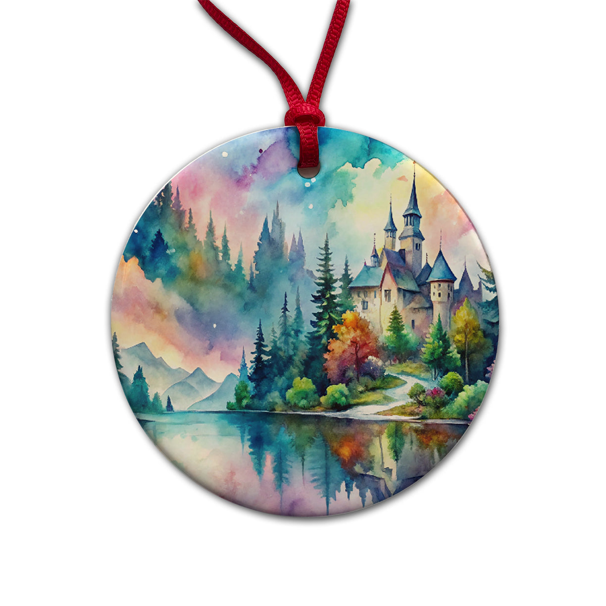 Fantasy Lake And Castle Scene Watercolor Round Ceramic Holiday Christmas Tree Ornament