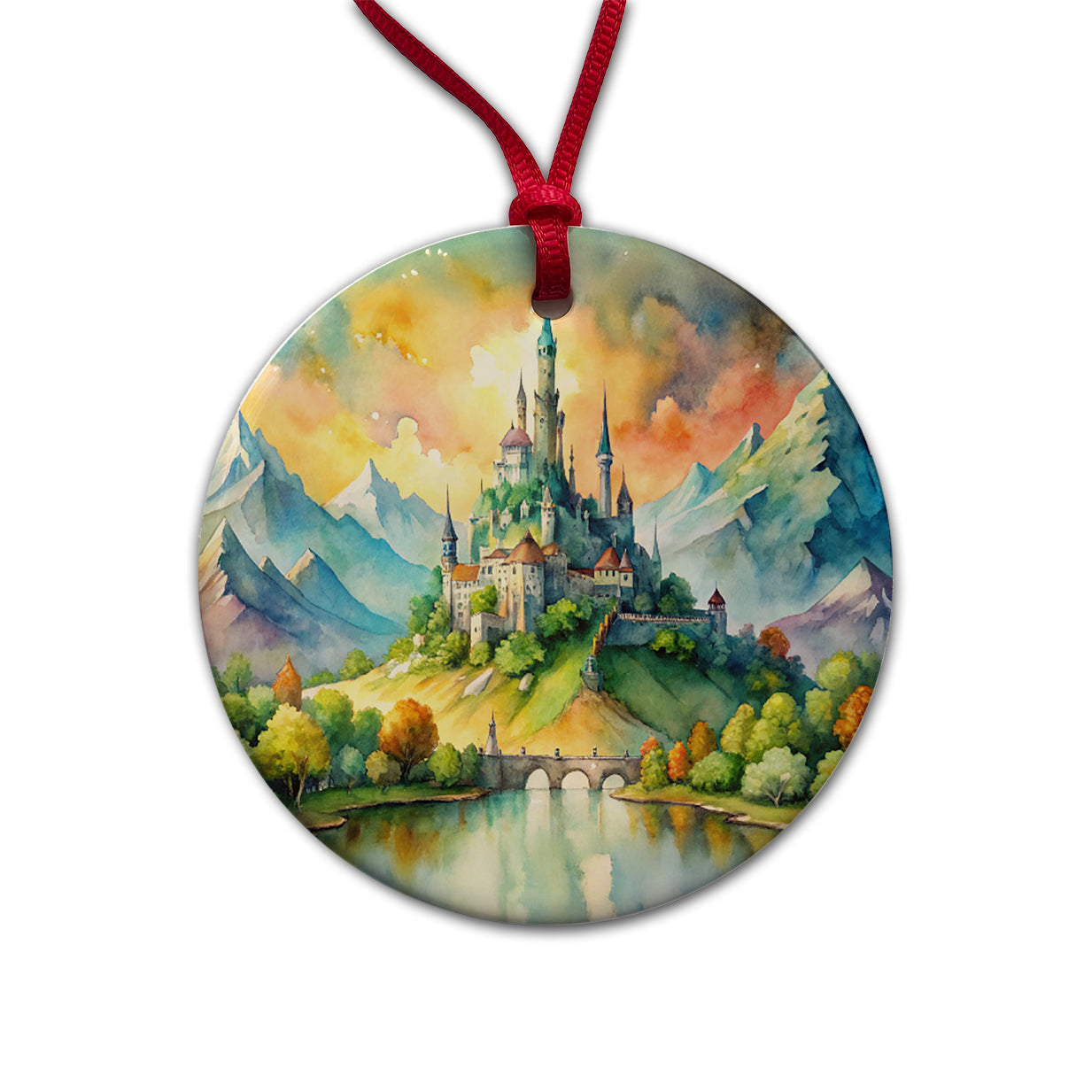 Fantasy Magical Castle On A Hill Watercolor Round Ceramic Holiday Christmas Tree Ornament