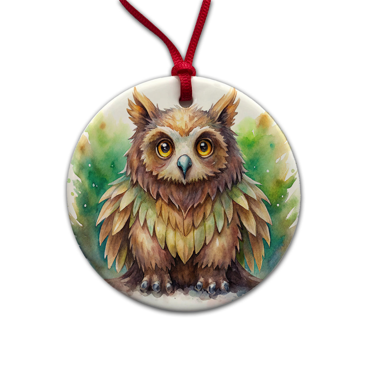 Fantasy Owl Bear Owlbear Green Background Watercolor Round Ceramic Holiday Christmas Tree Ornament