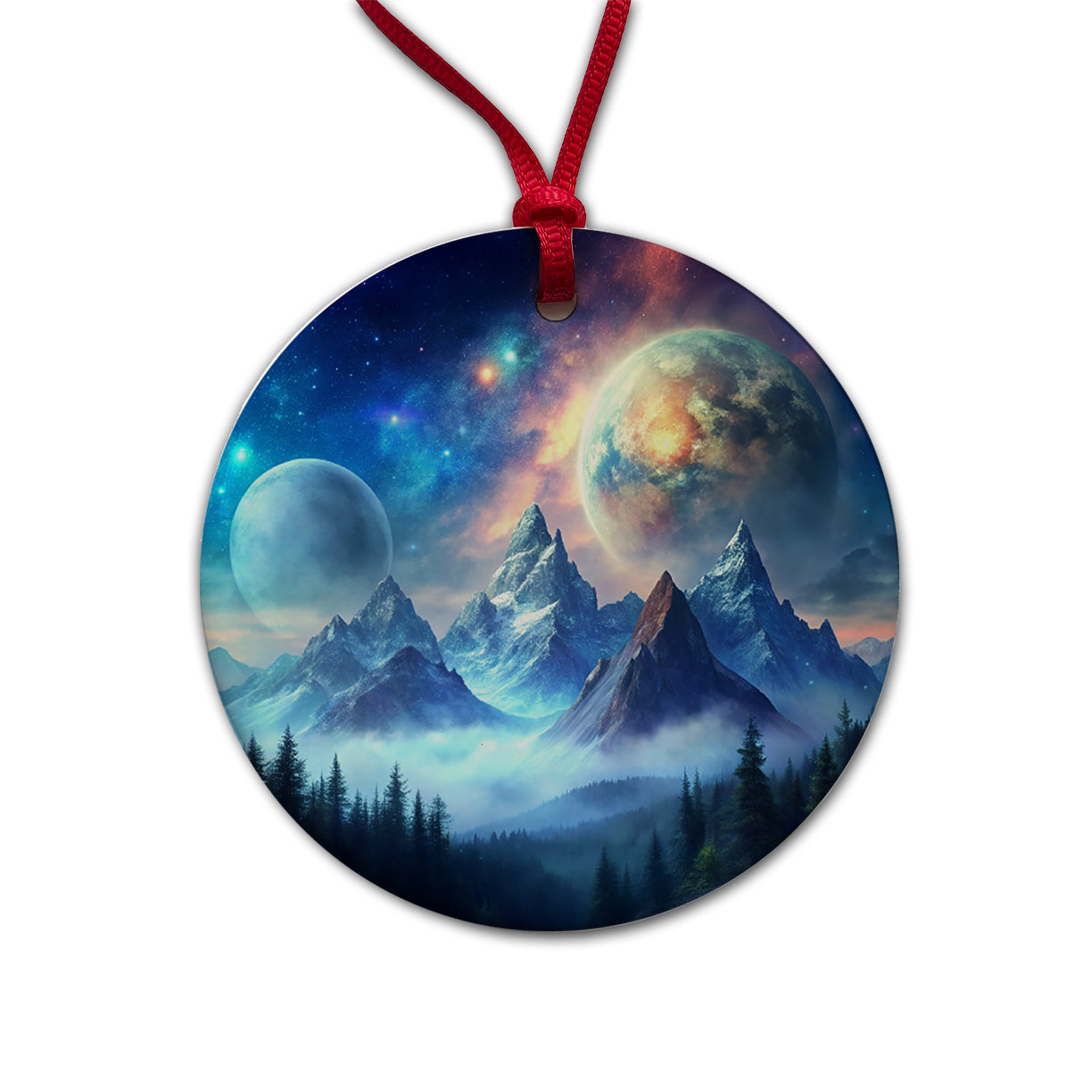 Fantasy Sci-fi World Moons Rising Over Mountains Watercolor Round Ceramic Holiday Christmas Tree Ornament